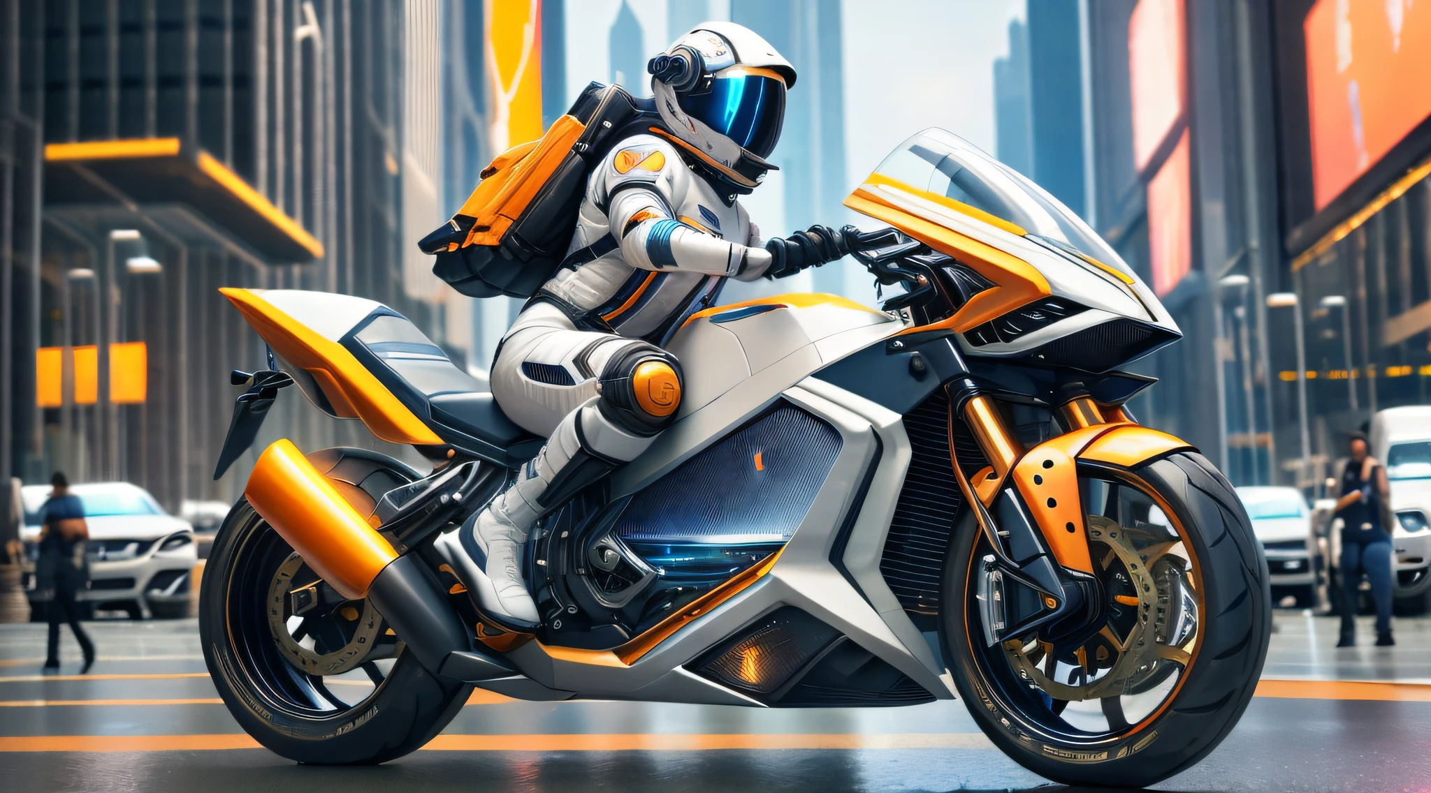 (Best quality),(masterpiece),(ultra detailed),(high detailed),(extremely detailed),futuristic astronaut riding big motorcycle made of shiny futuristic armor, future tech, futuristic city, hyper realistic, photorealistic, 8k, cinematic lighting, high quality