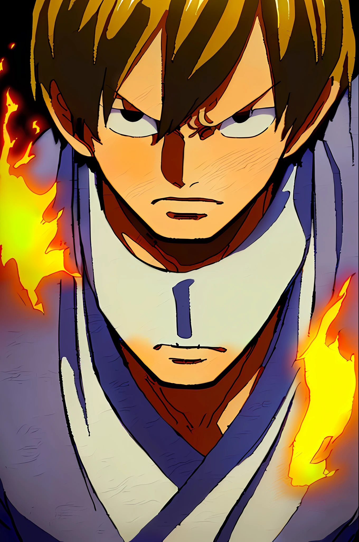 1boy, wanostyle, sanji, angry appearance, dark brown hair. solo, upper body, (((masterpiece))), ((best quality)), (extremely detailed), watercolor, illustration, depth of field, sketch, intense dark shadows, sharp focus, soft lighting, hdr, colorful, good composition, fire around, spectacular, black eyes,