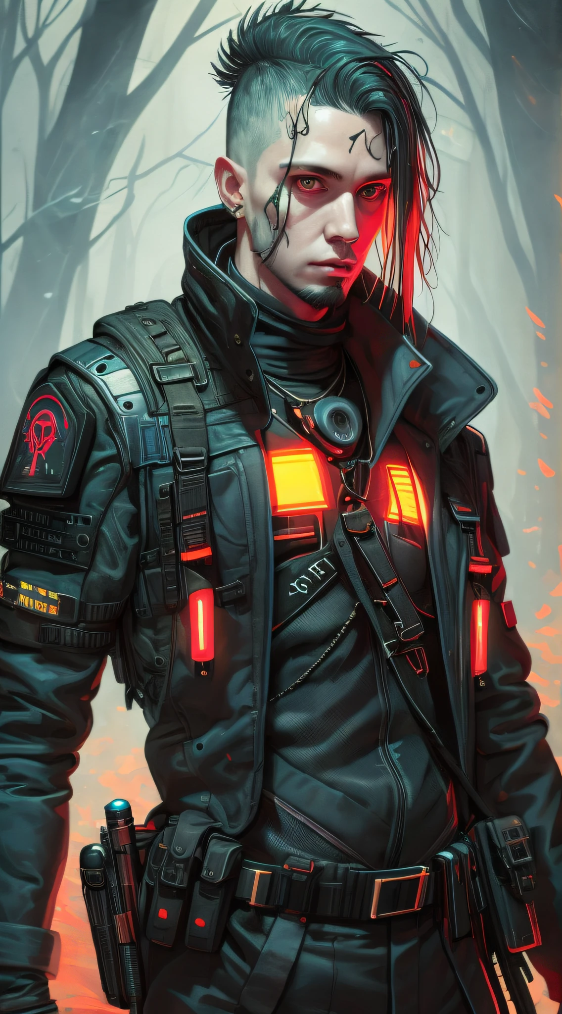 (Best quality),(masterpiece),(ultra detailed),(high detailed),(extremely detailed),A Highly detailed digital painting of a cyberpunk assassin dressed in black with a cyberpunk headset and tactical gear. The style of Simon Stalenhag, Alexei Savrasov, and Victor Vasnetsov, portrait of a man with tattoos on the body, cyberpunk, realistic, high detail, concept art, illustration, masterpiece of graphic design, cyberpunk