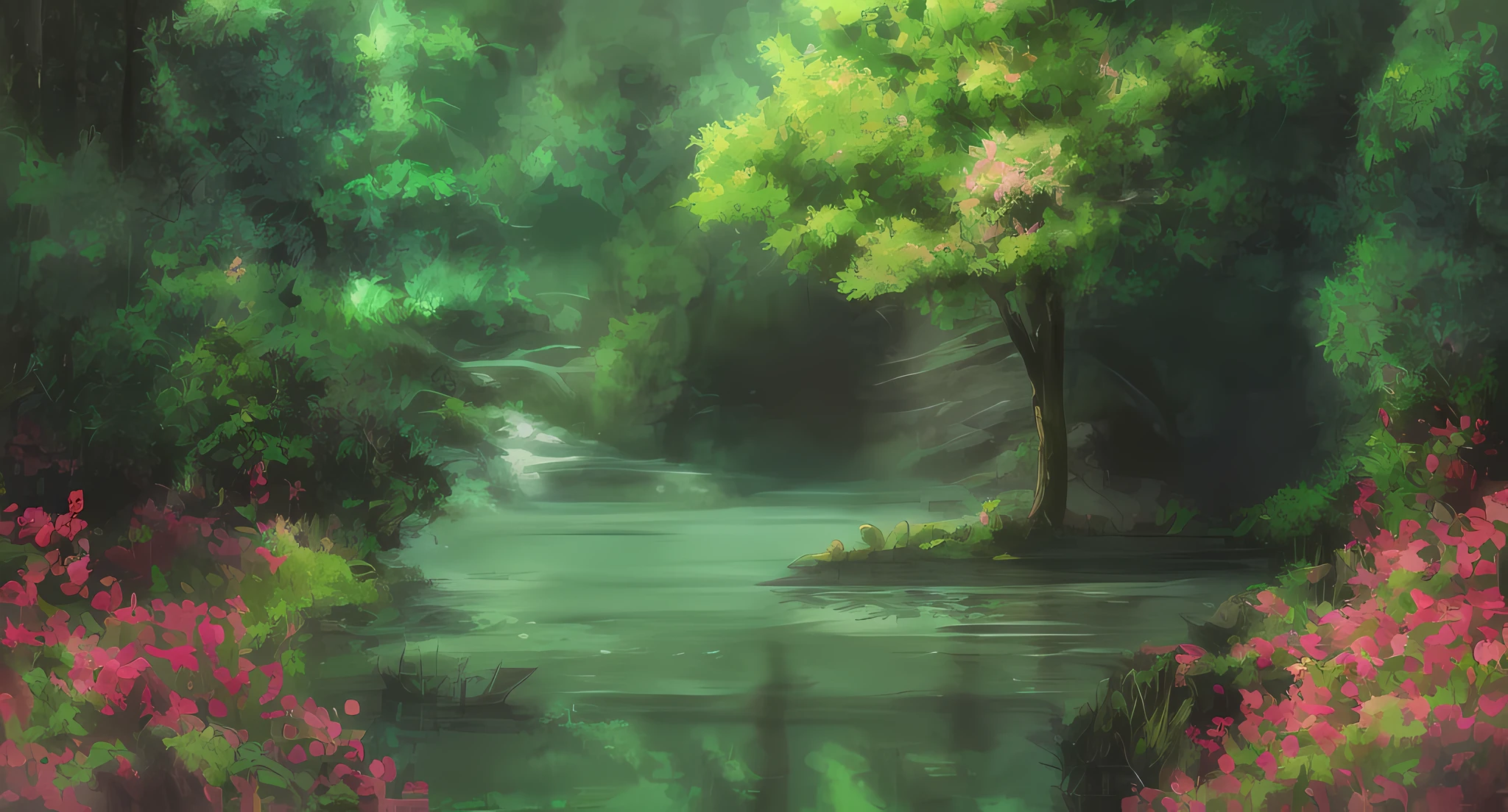 painting of a river with a waterfall and trees in the background, mystical forest lagoon, atmospheric. digital painting, soft digital painting, dreamlike digital painting, dream scenery art, mystical lake view vista, dreamy landscape, mystical lake, fantasy forrest background, scenery artwork, background artwork, water landscape, serene landscape, beautiful digital painting, the background is misty, misty background