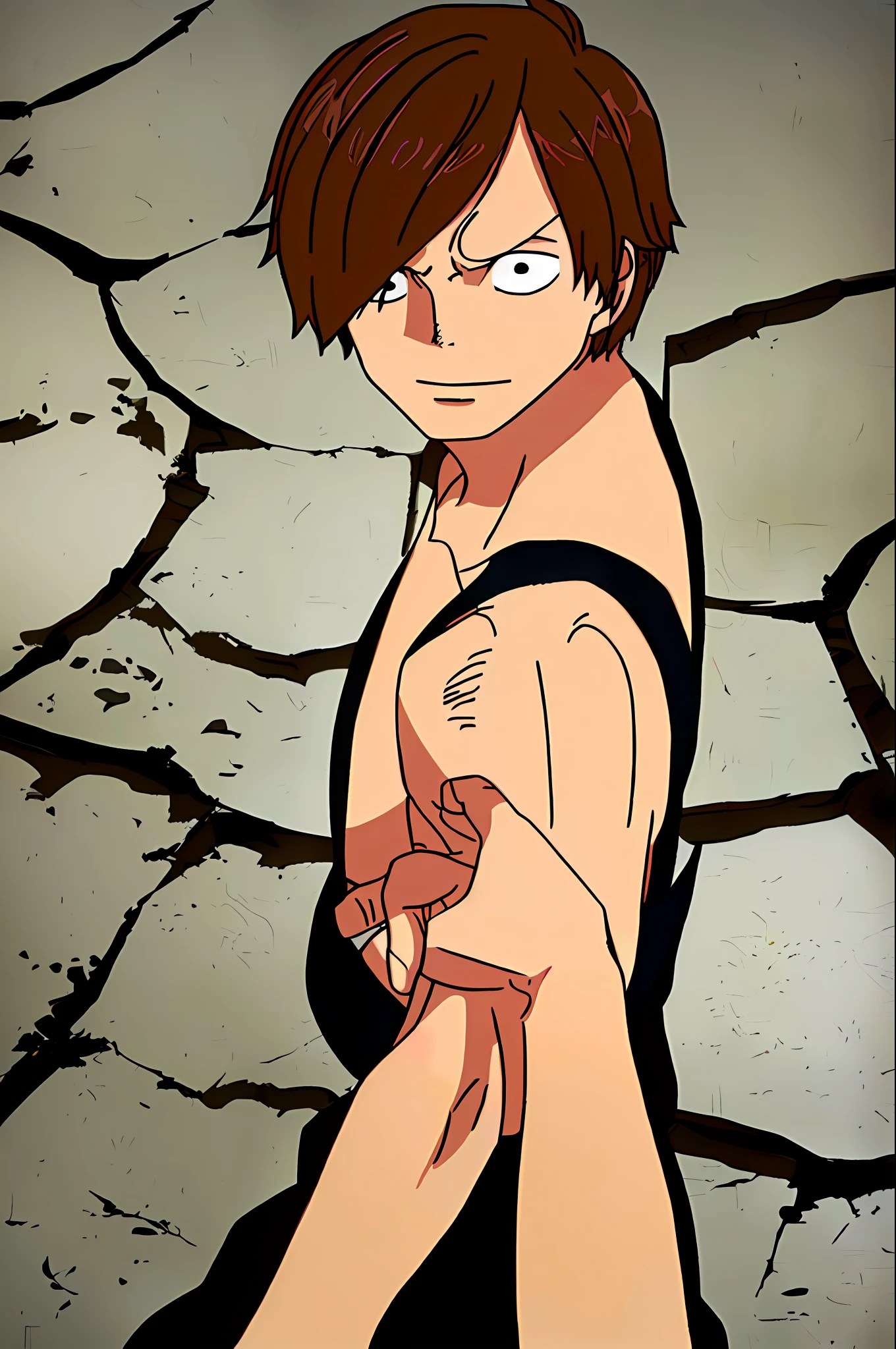 Man dark brown hair fallen into sanji eye