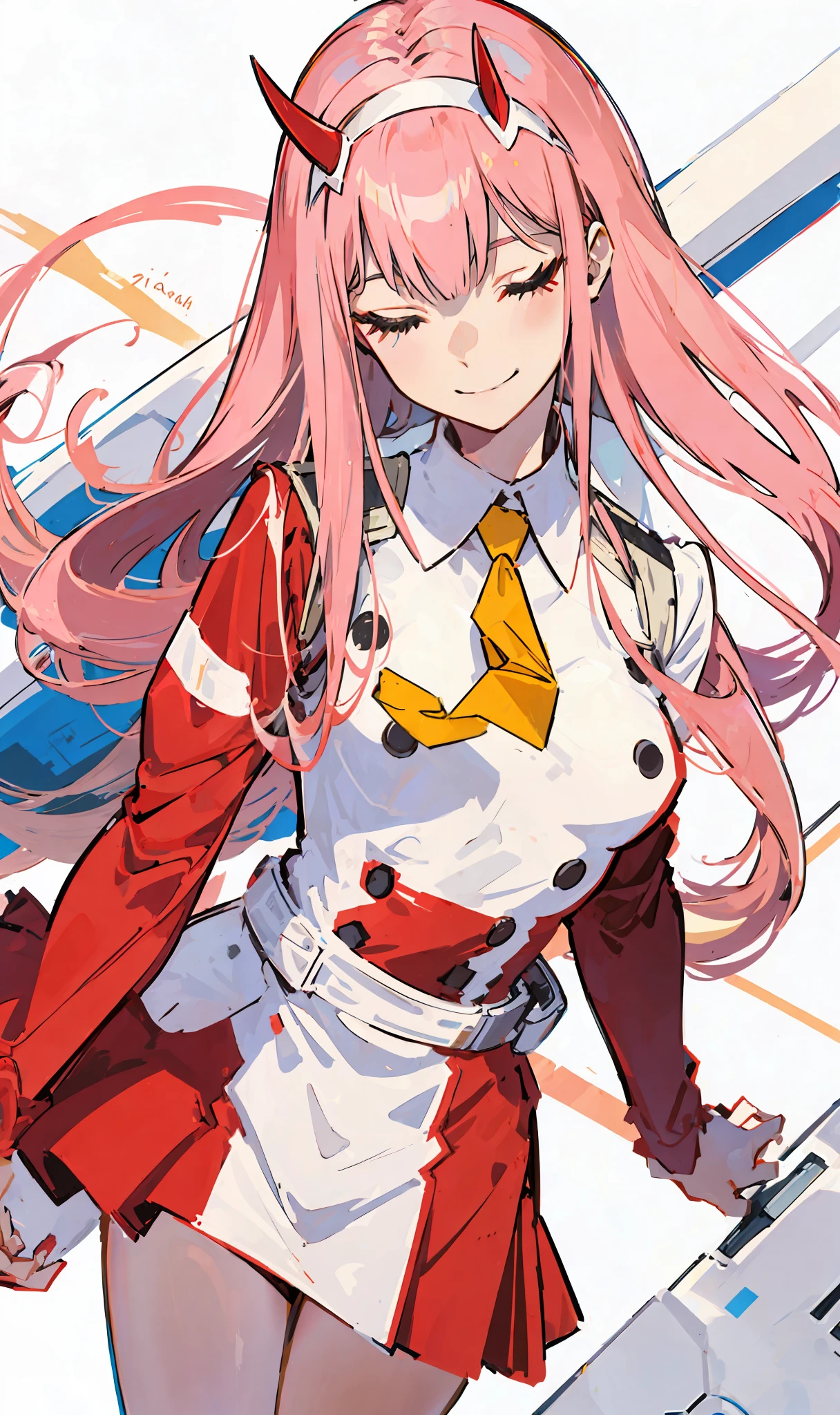 zero dois \(queridinho no franxx\), queridinho no franxx, 1girl, franja, morder, sombra,  cabelo longo, small breasts, big thighs, maquiagem, red dress with details, gravata amarela, closed eyes, smiling, pair of small red horns, cabelo rosa, pilot suit, red bodysuit with white details, sombra vermelha, pele apertada, solo