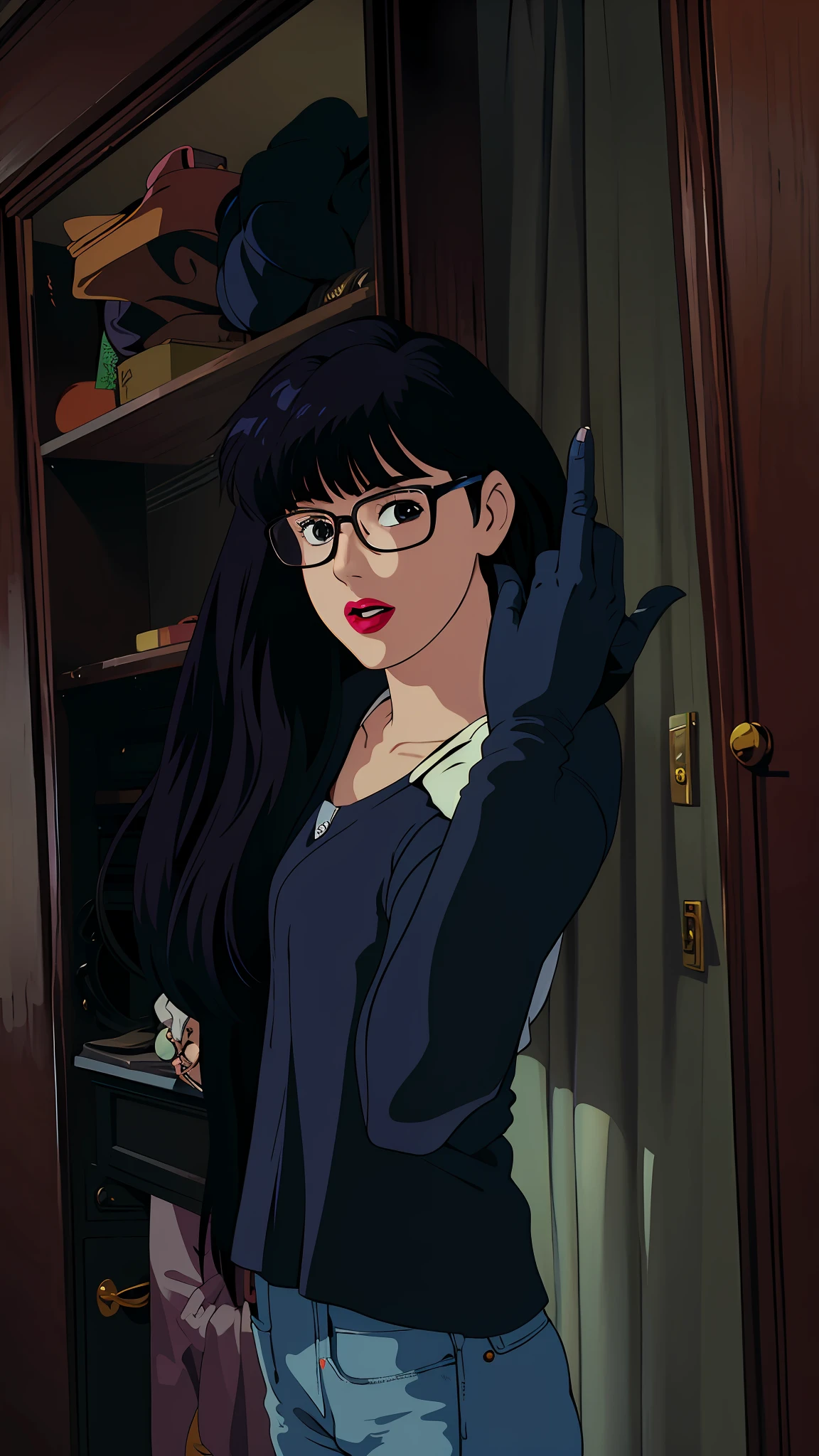There is a woman standing in front of a closet, , middle finger, giving the middle finger, 21 years old, jeans white blouse, long black hair, lipstick, square glasses, art anime studio ghibli ????