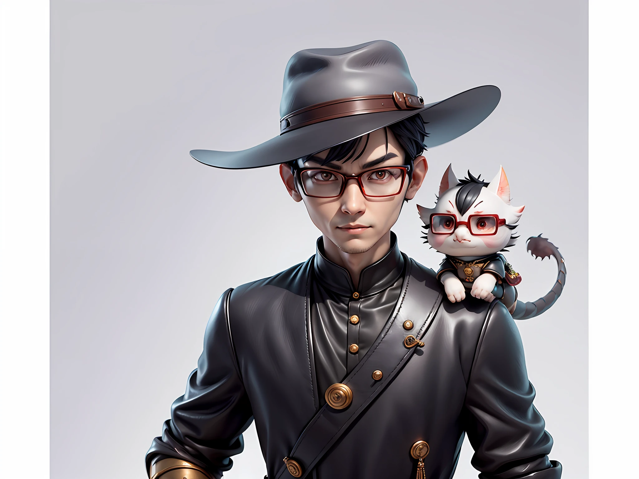 Young man with oriental face in leather hat, dragon, formal suit, short black hair, silver glasses, digital painting, 3D character design by Mark Clairedon and Pixar and Hayao Miyazaki and Akira Toriyama, the illustration is a high-definition illustration in 4K resolution with very detailed facial features and cartoon-style visuals.