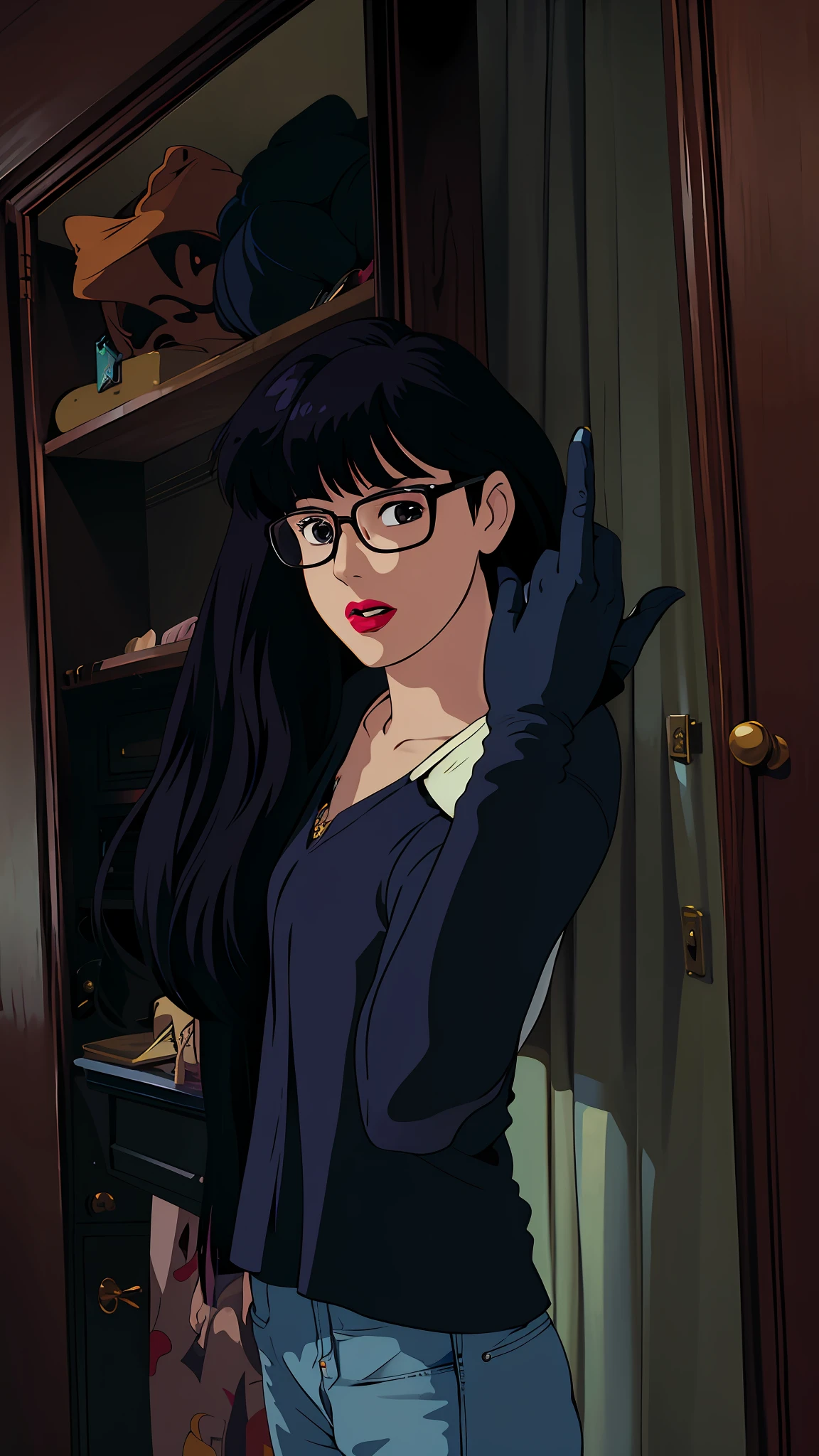 There is a woman standing in front of a closet, , middle finger, giving the middle finger, 21 years old, jeans white blouse, long black hair, lipstick, square glasses, art anime studio ghibli 1989
