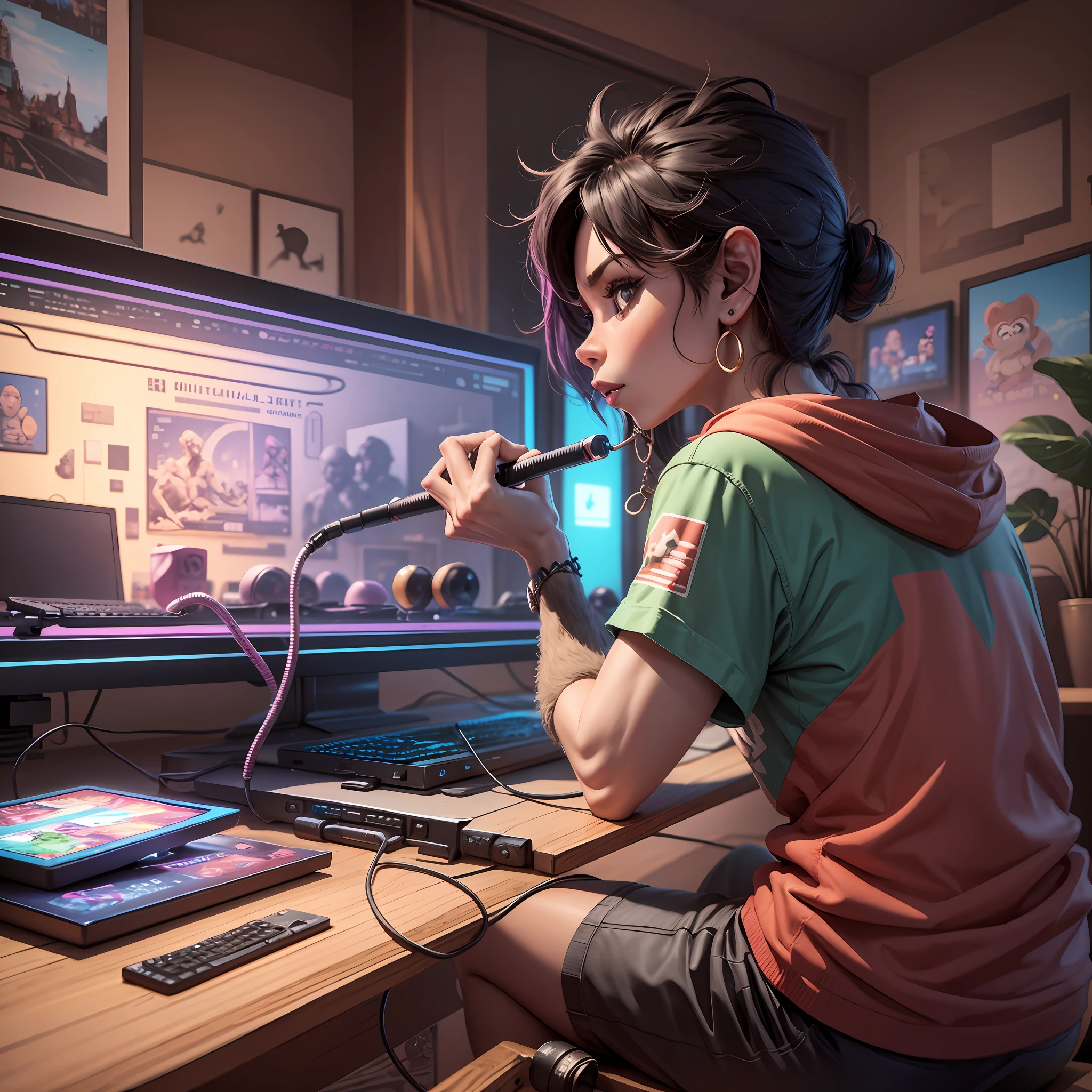 4k, 8k, cartoon, monkey in the room playing on a gaming computer and with a hookah next to it --auto --s2