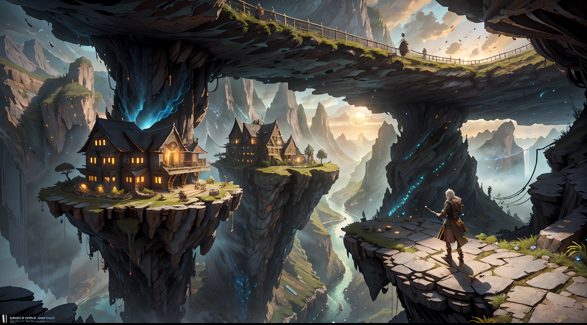 Movie, Relaxation Concept Art, Very Detailed Multiplayer Scene Interactivity, (Man), Woman, Beautiful Artwork Illustration, Detailed Landscape, Highly Detailed Scene, Environmental Design Illustration, Nature, Center Epic Building, Warmth, Night Glow, Original, HDR, (Cliff, Waterfall, Abyss, Rock, Cliff Edge House:1.3), Movie, Slate Grey, Dramatic Light, Architecture, Man Woman, Post-Impressionism, Key Vision, Biophilic Tanzania Bridge, At Twilight, Hair Light, Hearthstone artwork, Unreal Engine