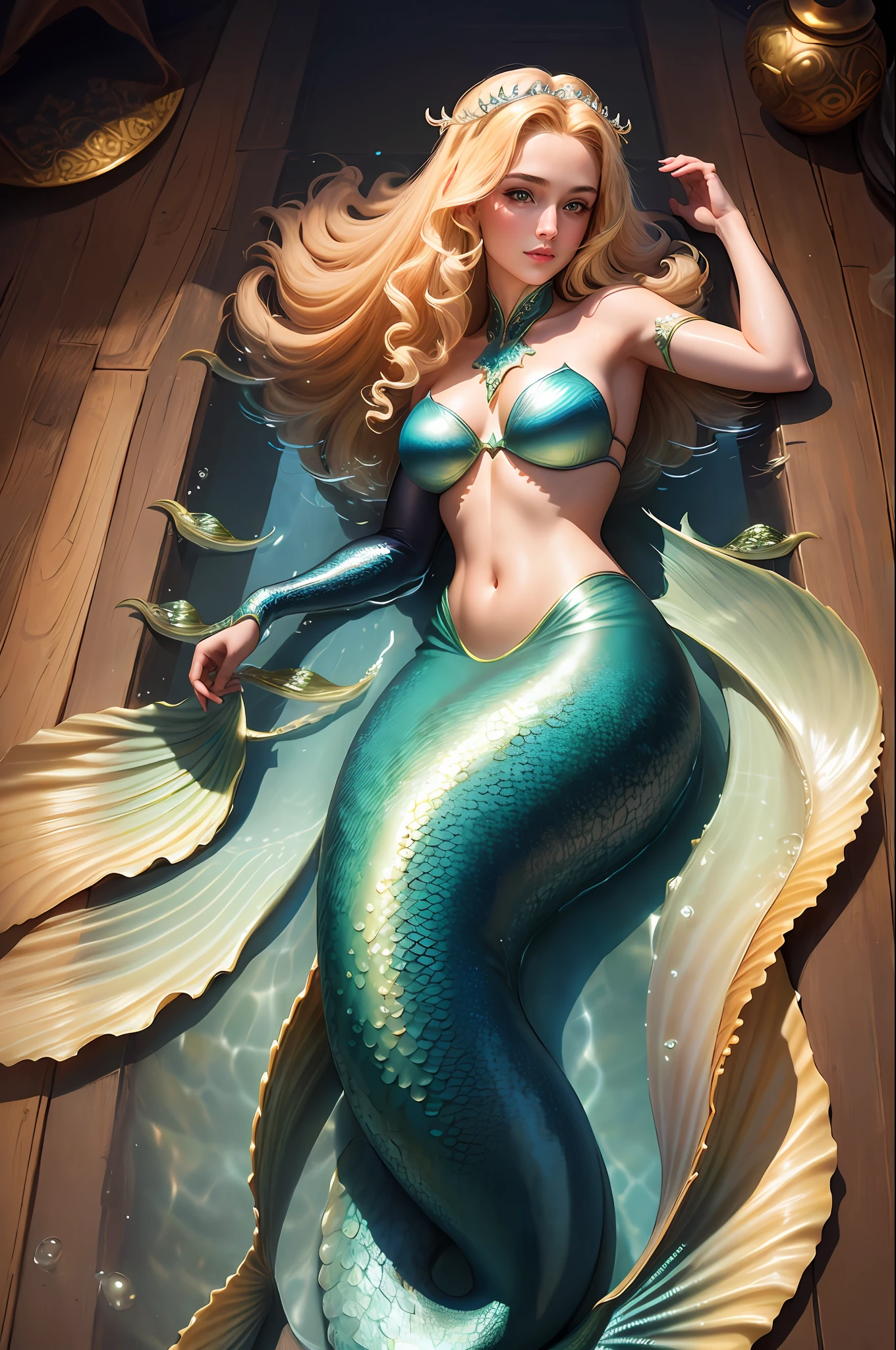 masterpiece, best quality, (8k wallpaper of CG unit extremely detailed), (best quality), (best illustration), (best shadow), realistic lighting, full shooting body, mermaid portrait, intricate, elegant, highly detailed, mermaid, long fishtail,(no extra tails),In the water, swimming, small fish, blonde hair, jellyfish, sparkling,colorful scales,cute face,dreamer,medieval era,beautiful detailed glow