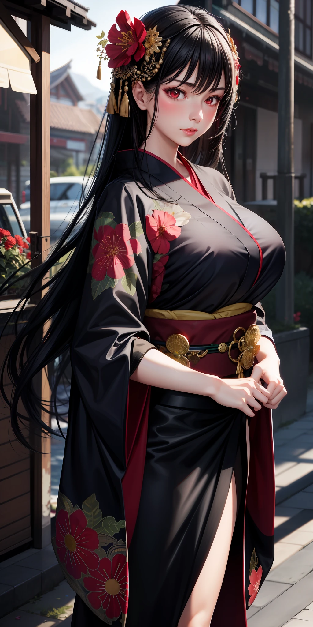 realistic, 1girl, black hair, red eyes, bright eyes, cropped top, skirt, lips parted, blush, night, flowers, sun, sunlight, large breasts, kimono, hashira