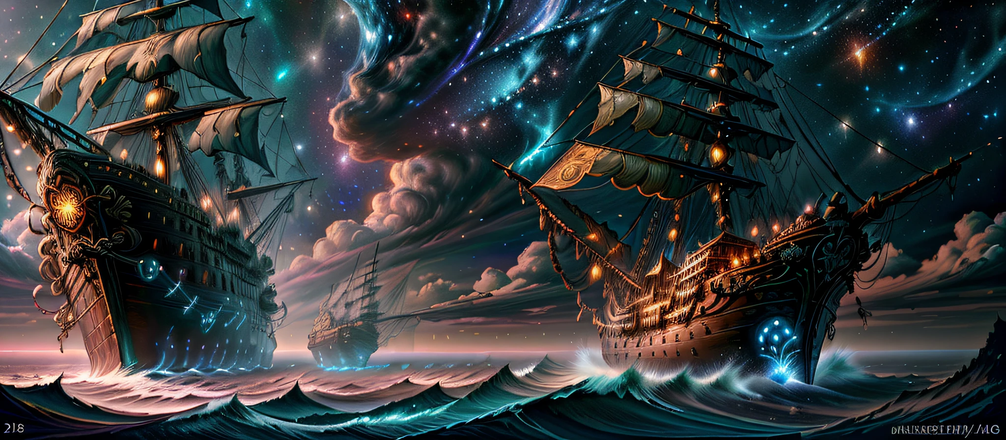 Masterpiece, Illustration, huggers, concept art, painting of ships in the ocean with stormy sea in the background, (at midnight with starry skies, Milky Way shooting stars),volumetric lighting, vibrant contrast, detailed cover artwork, fantasy, magical glowing particles, amazing wallpaper, pirate ship, old pirate ship, sailing ship, gothic ship on ocean, 4k highly detailed digital art, magical ships, detailed painting 4k, , GlowingRunesAI_paleblue, piratepunkai