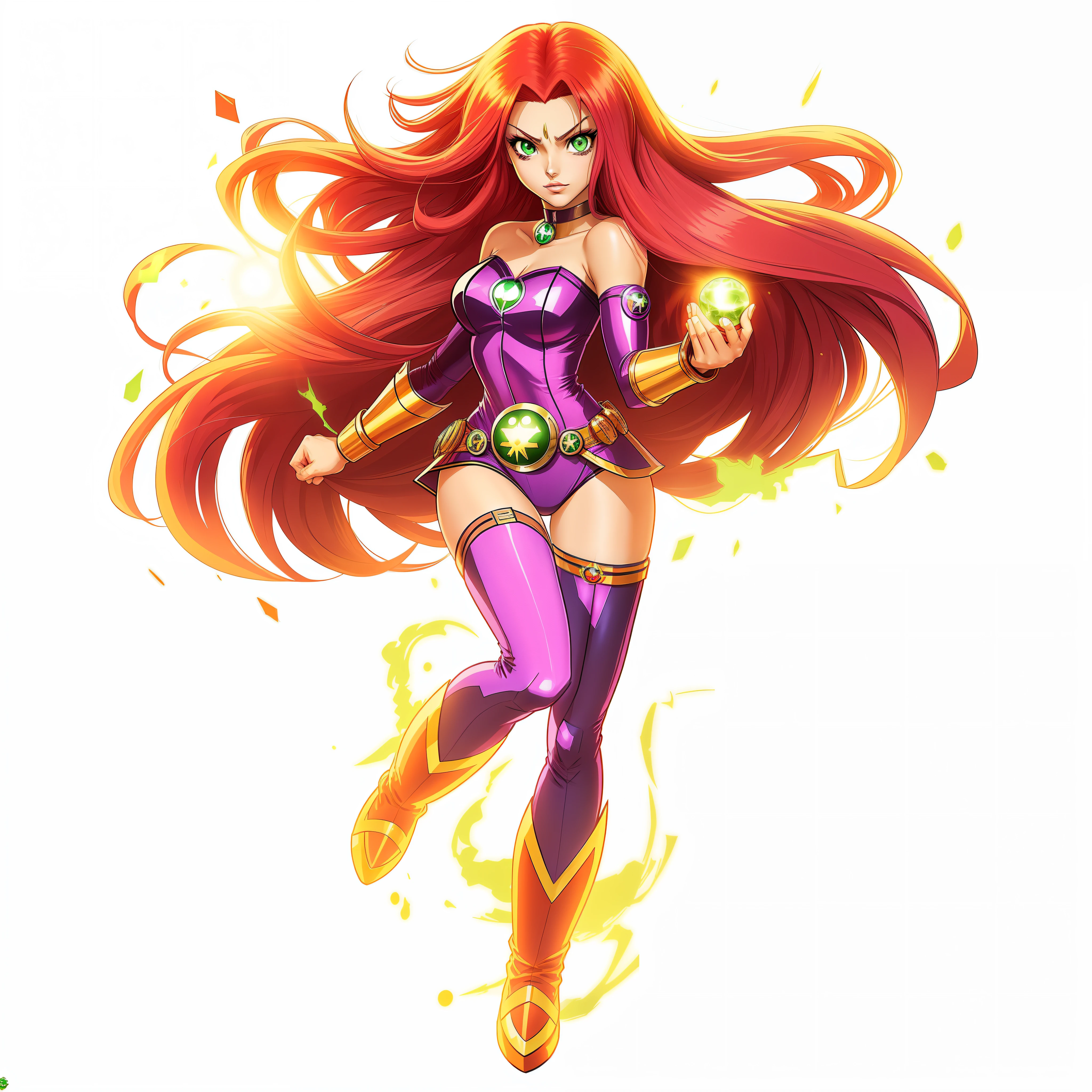 Teen titans Starfire; anime style; sexy; beautiful; full body; cute; nice hands; green eyes; Judas contract Starfire; closed fists; green energy ball on hand