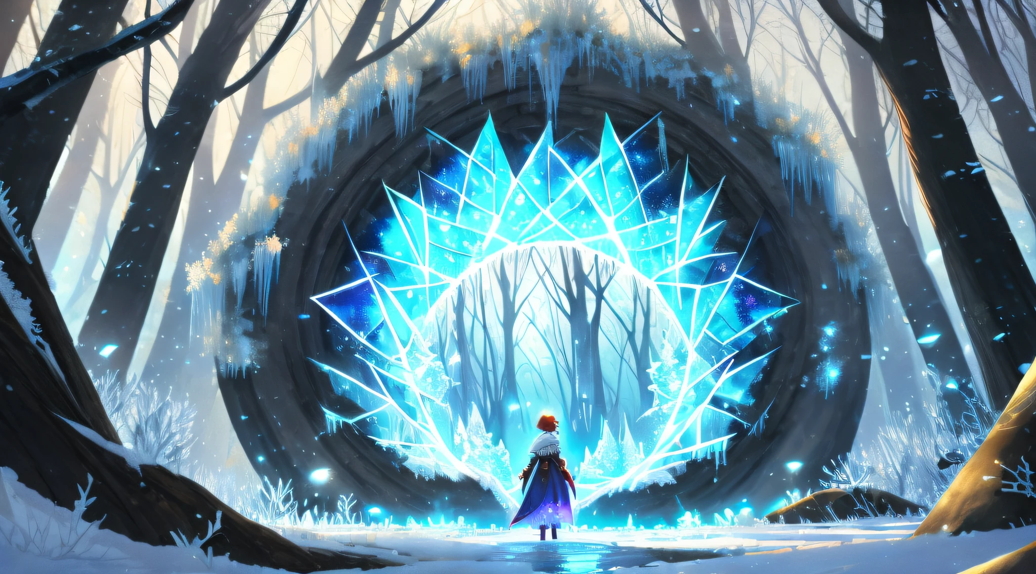 (Best quality),(masterpiece),(ultra detailed),(high detailed),(extremely detailed),a hyper realistic concept design of a giant complex prismatic portal to a parallel world in a frozen forest in the style of gw2 loading screen art