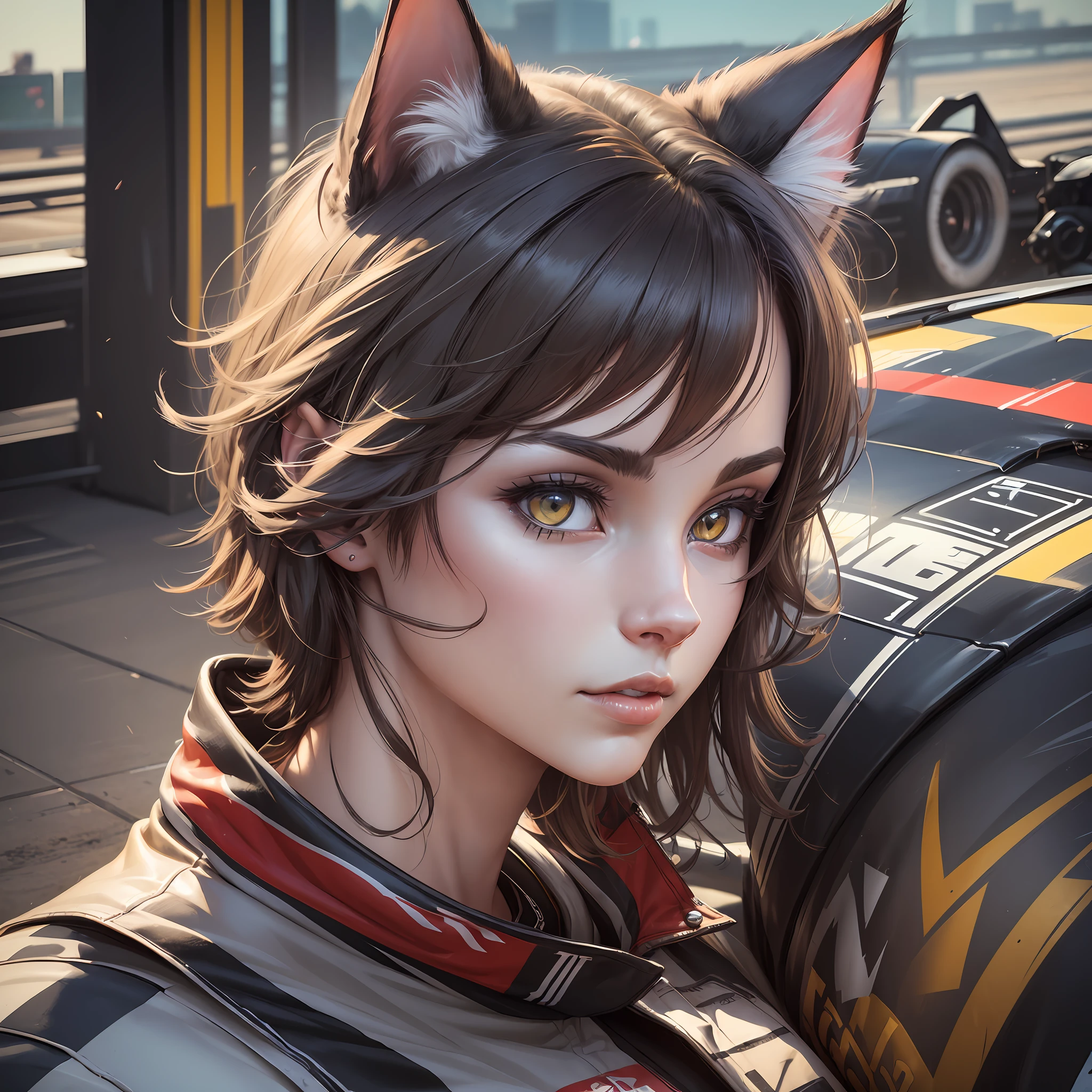 ((a cat race car driver)), full shot, rich colors, exquisite details, masterpiece, realistic,artsation, cg, realistic, Unreal Engine , real light and shadow, beautiful rich colors, amazing details, high quality,a pair of ears --auto --s2