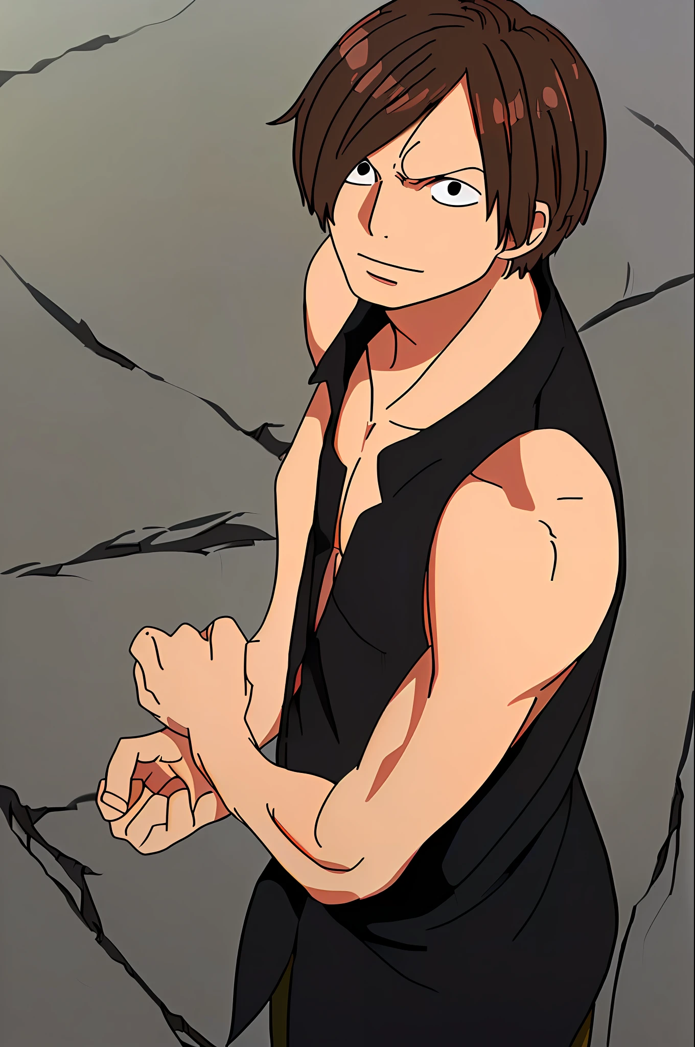 Man dark brown hair fallen in the eye sanji black clothes