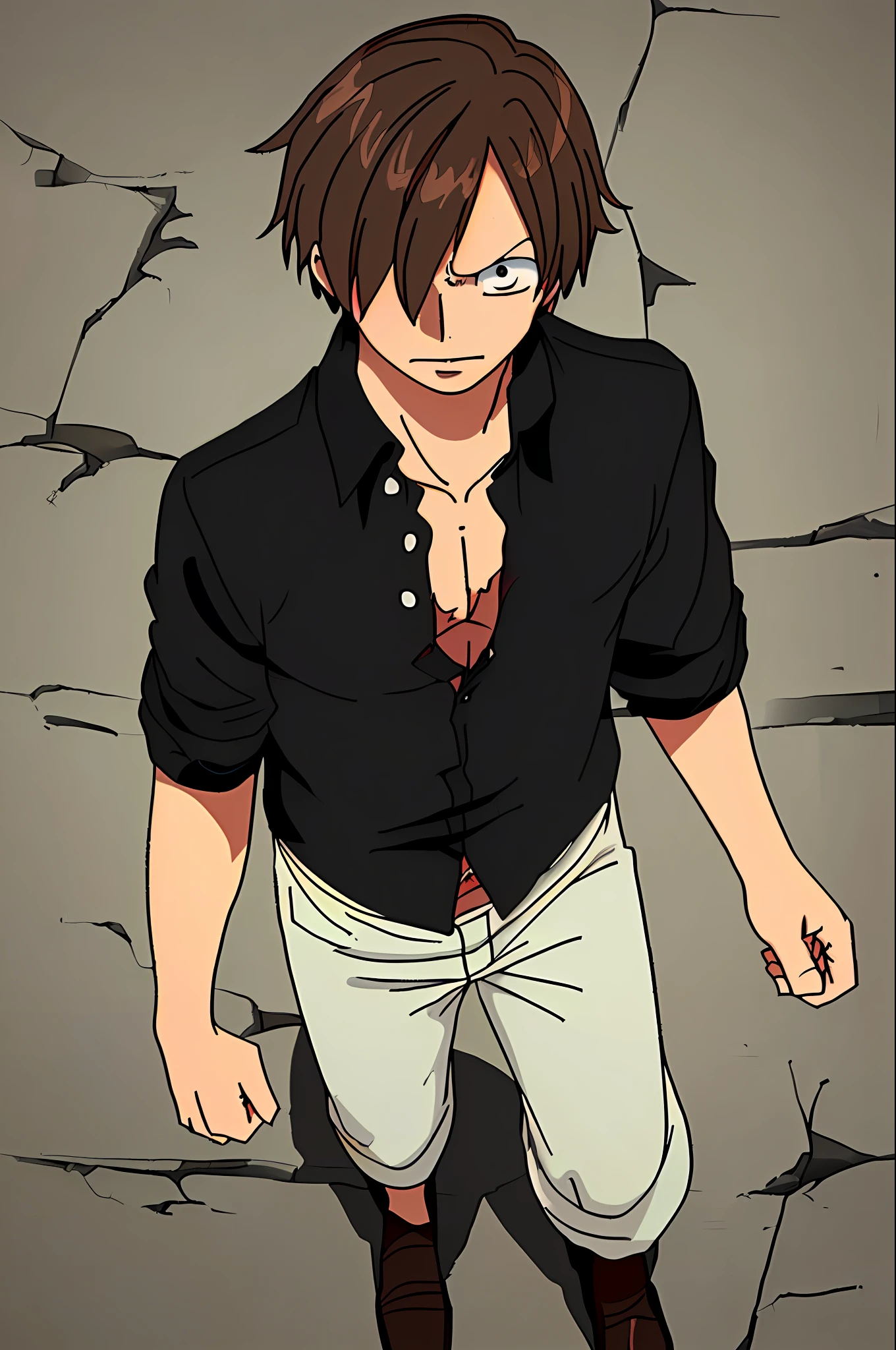 Man dark brown hair fallen in the eye sanji black clothes