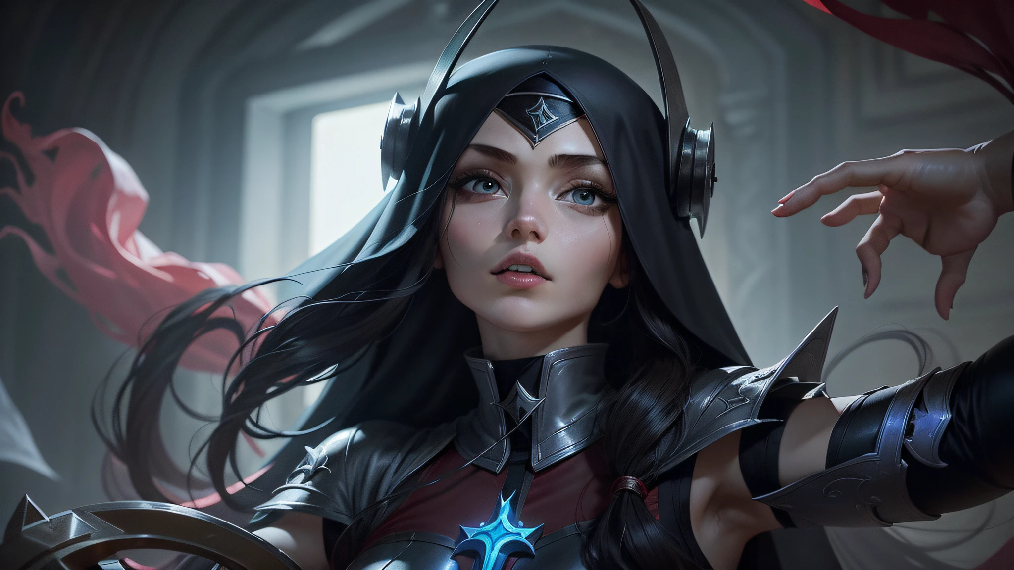 Woman in nun's outfit, Irelia League of Legends, cross, looking at camera --auto --s2
