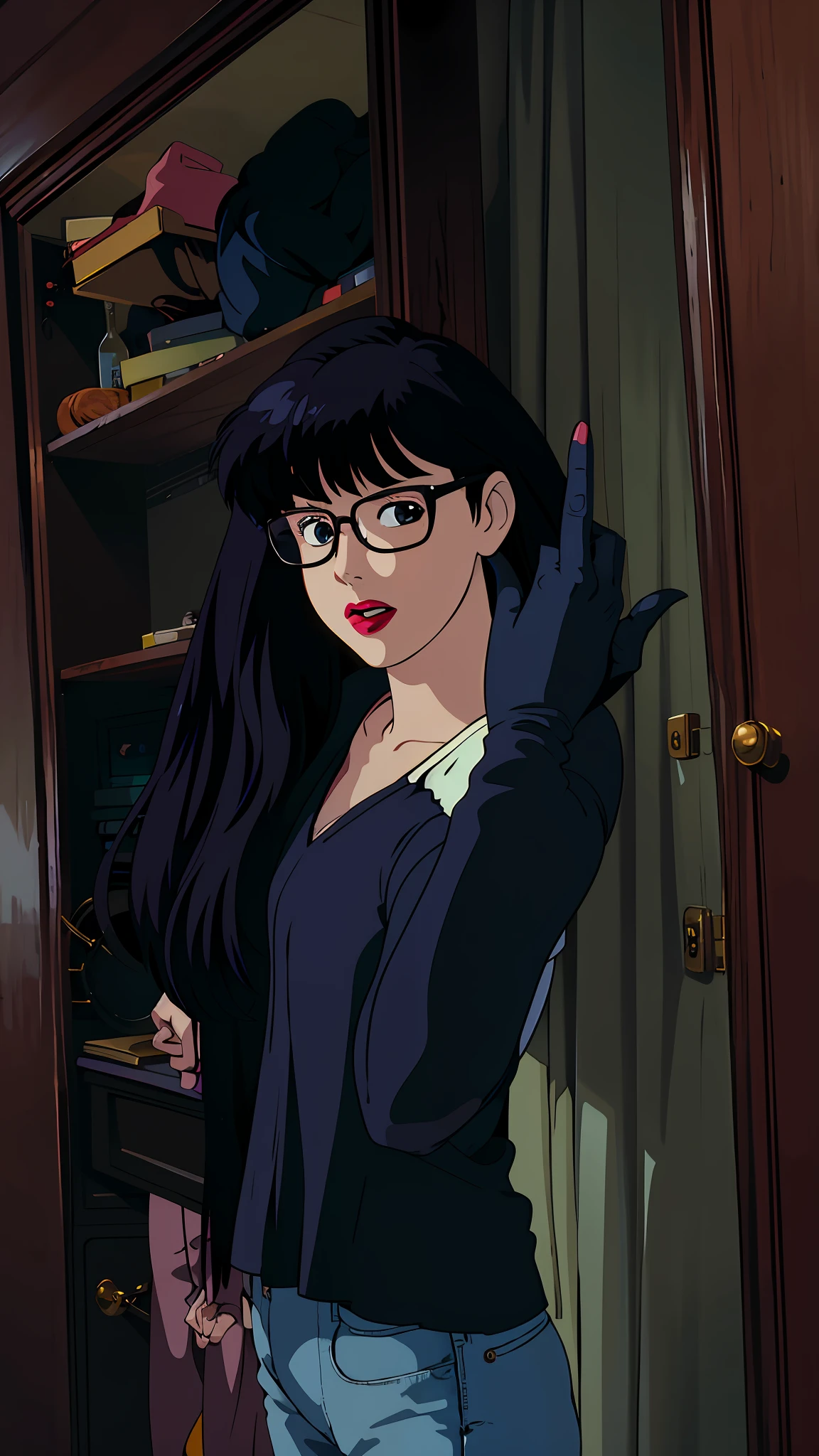 There is a woman standing in front of a closet, , middle finger, giving the middle finger, 21 years old, jeans white blouse, long black hair, lipstick, square glasses, art anime studio ghibli 1989