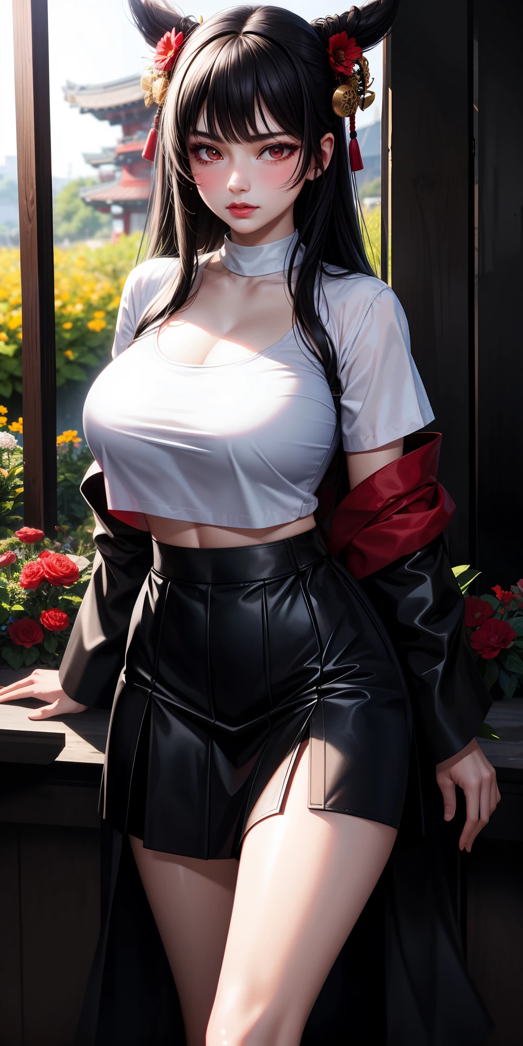 realistic, 1girl, black hair, red eyes, bright eyes, cropped top, skirt, lips parted, blush, night, flowers, sun, sunlight, large breasts, hashira, samurai