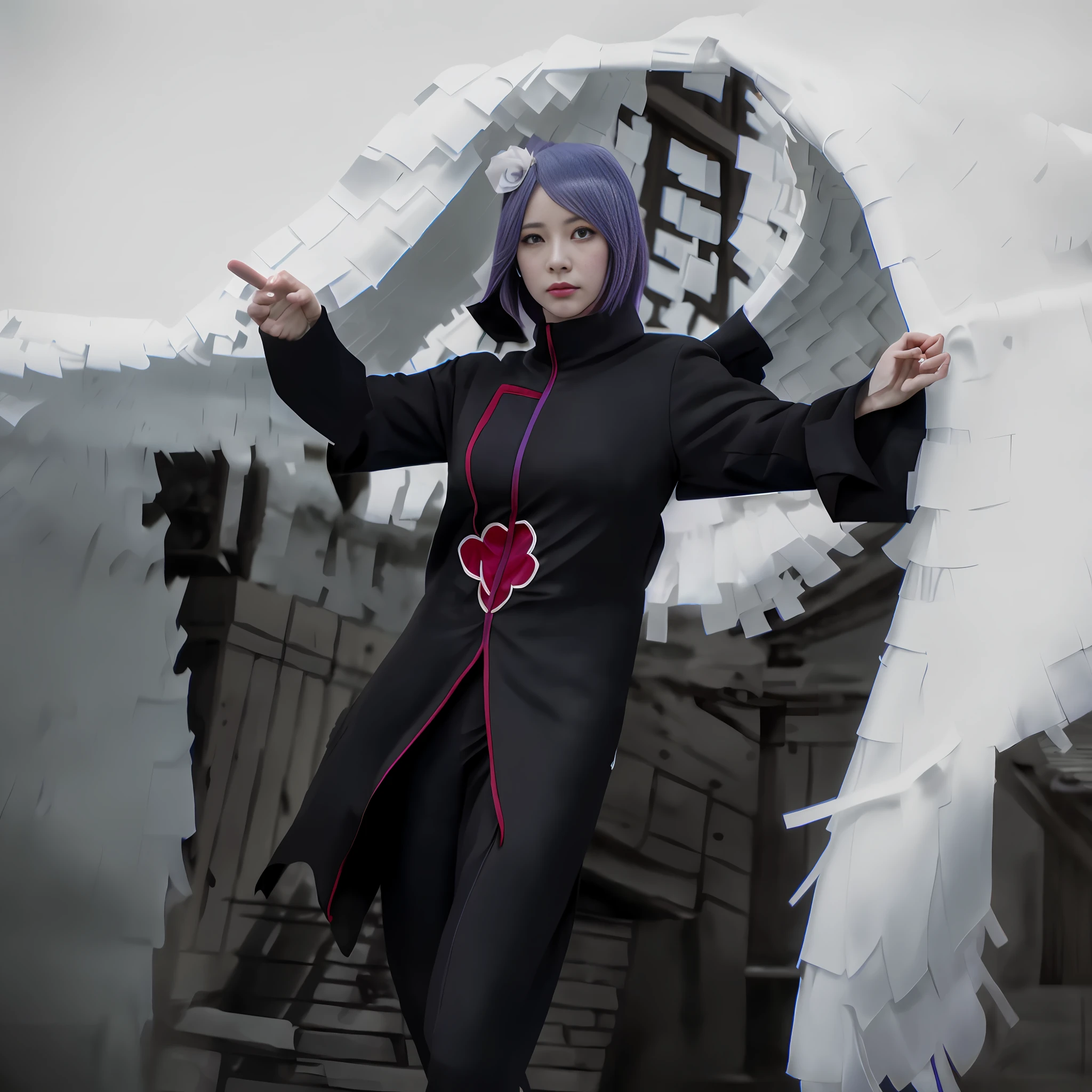 Top quality, 8k, 32k, Masterpiece, photo realistic, realistic, anime cosplay with purple wings and wig and black clothes, anime cosplay, professional cosplay, full cosplay, cosplay, anime girl cosplay, cosplay photos, cosplayers, haruno sakura, remilia scarlet from touhou, inspired by Kusumi Morikage, misato katsuragi, publicity cosplay, sakura haruno, inspired by Jin Homura, (seductive pose), Sexy, beautiful white face shining, beautiful face, pink cheeks, beautiful lips, porcelain skin, detail intricate, super detailed, super high, highest detailed, high detailed, delicate, incredible detailed, fine detailed, cinematic lighting, top quality, masterpiece, smooth and beautiful, CG , unity, 8k wallpaper, Stunning, fine detail, unity CG wallpaper 8k ultra detailed, large file size, ultra detailed, high resolution, incredible detail, stunning detail, depth of field, oil painting effect in Rembrandt art style, concept portrait art in Stanley Artgerm Lau style, WLOP, trending on Artstation, epic, trend in society, detailed digital painting, very high quality model.