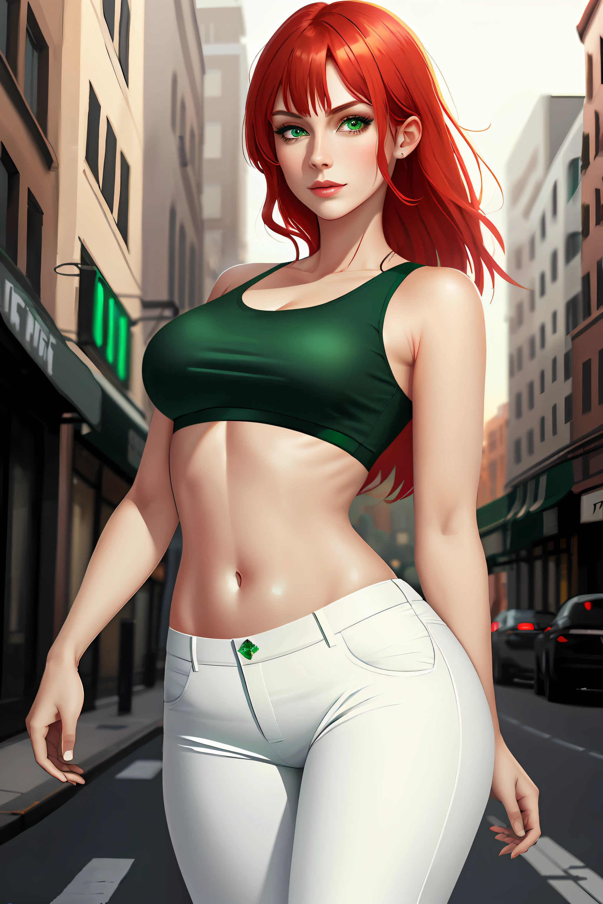 An attractive woman, with emerald green eyes, shimmering red hair, wearing a black top, tabby abdomen, white pants, city, anatomically perfect, HD image, 8k, emerald green eyes, red hair, city, artwork, perfect illustration