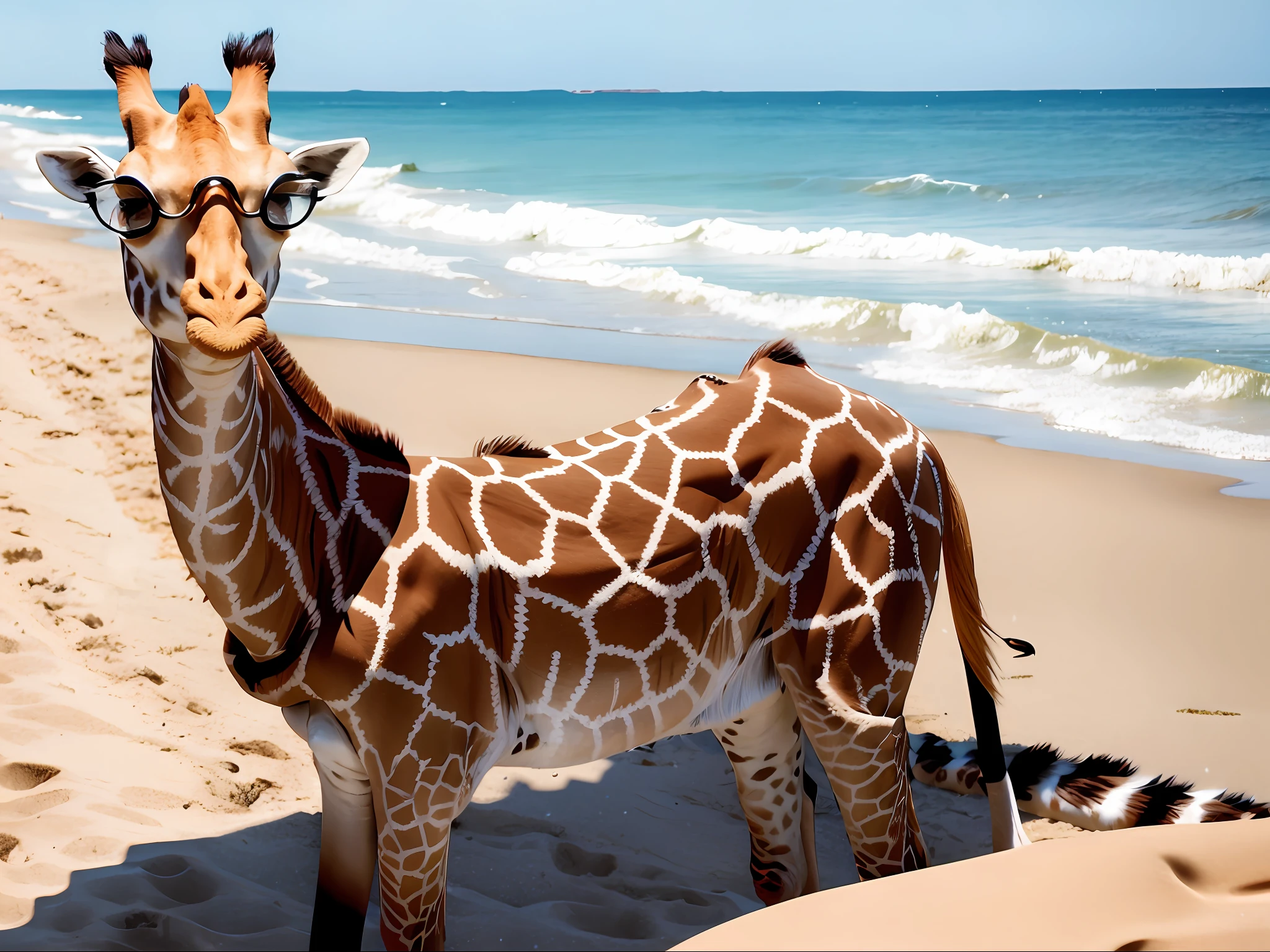 Spectacled giraffe with tongue out sunbathing on the beach