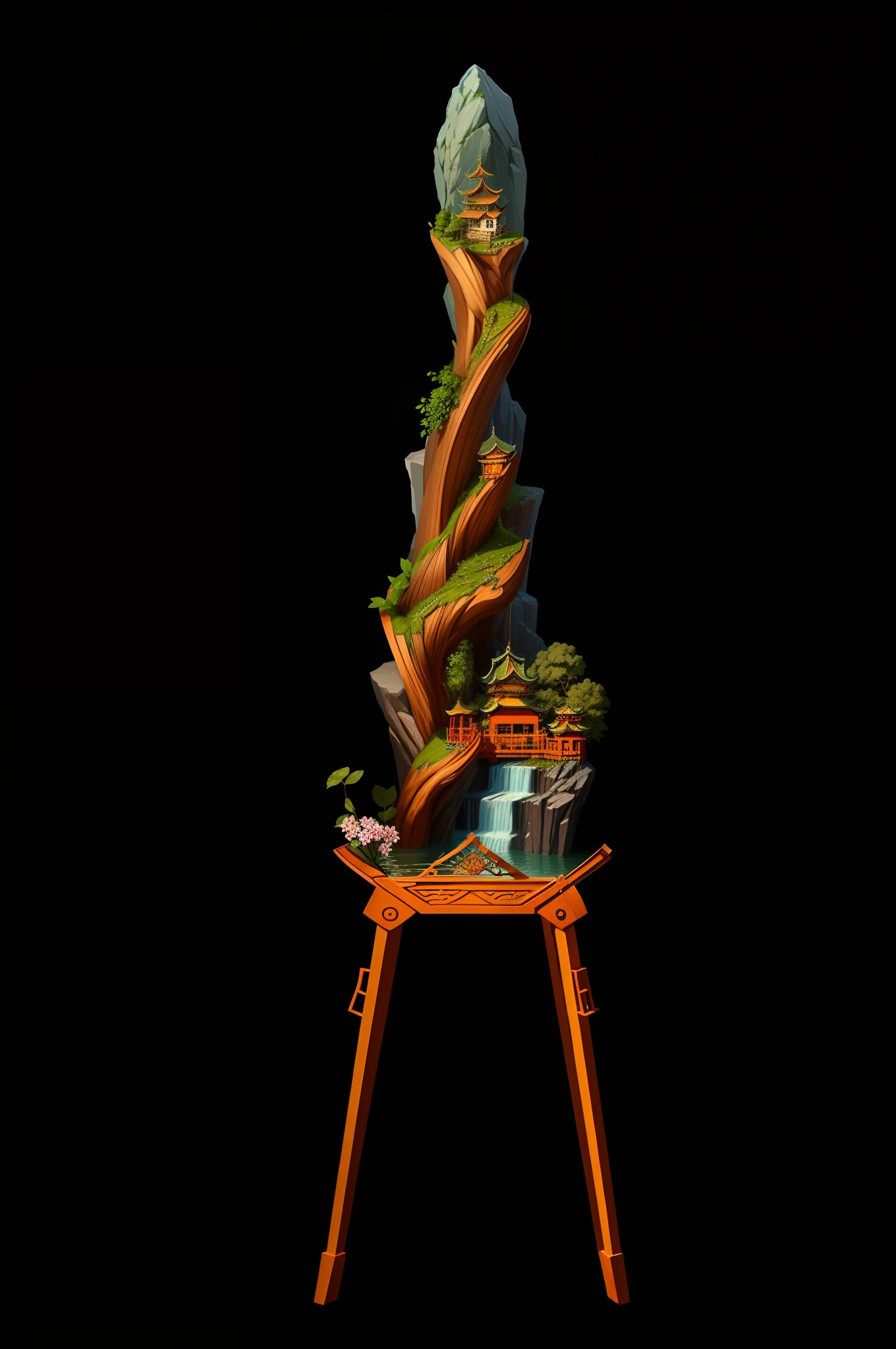 Best Quality, Art Station Trend, Masterpiece, Chinese Architecture, [[Alps|Chopper|Flowering Tree]: Waterfall: 0.3], Straight [Stone|Root|Leaf|Branch|Stalk] with Stand, [Flower: 0.5]