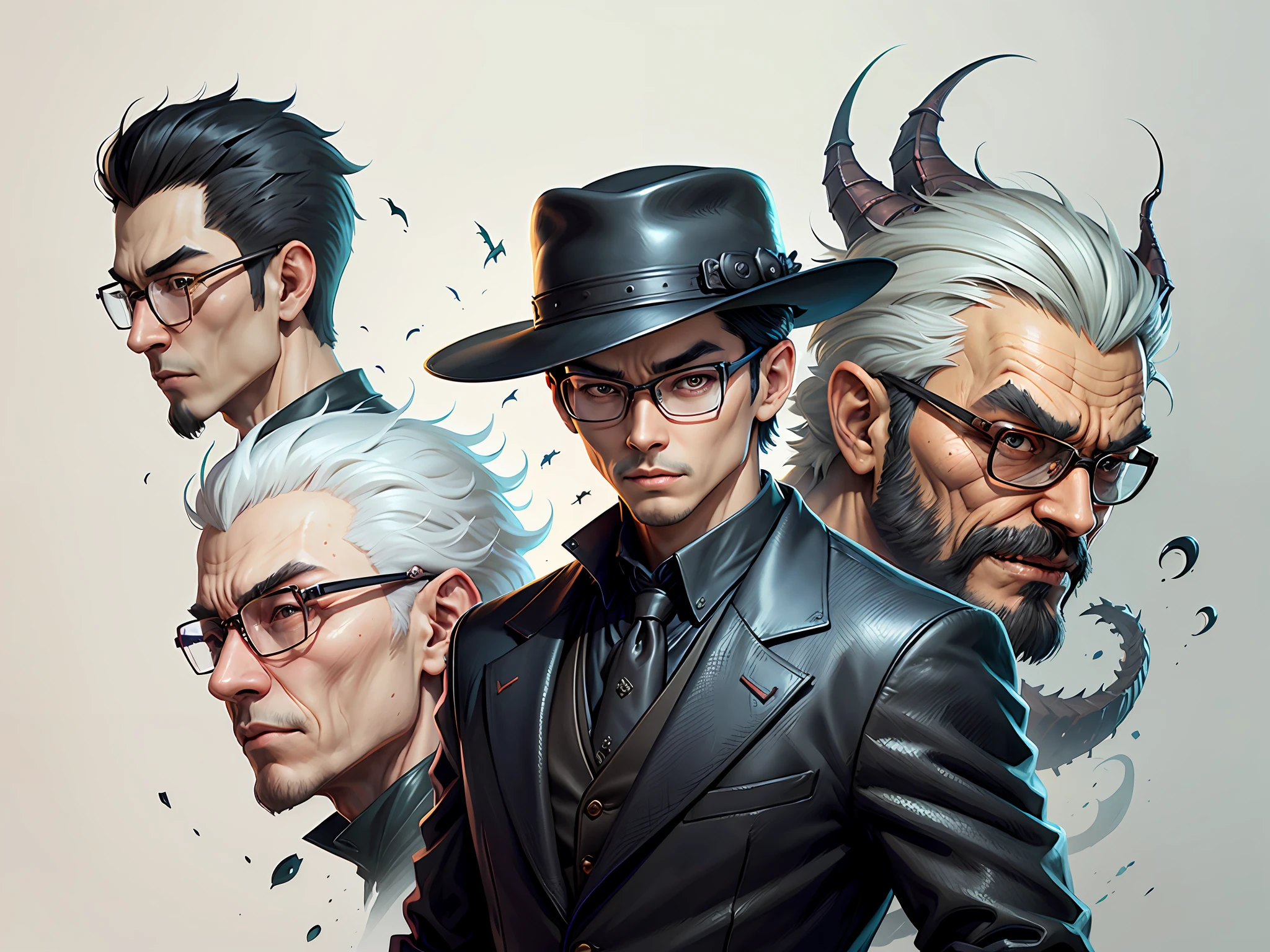 Young man with oriental face in leather hat, dragon, formal suit, short black hair, silver glasses, digital painting, 3D character design by Mark Clairedon and Pixar and Hayao Miyazaki and Akira Toriyama, the illustration is a high-definition illustration in 4K resolution with very detailed facial features and cartoon-style visuals.