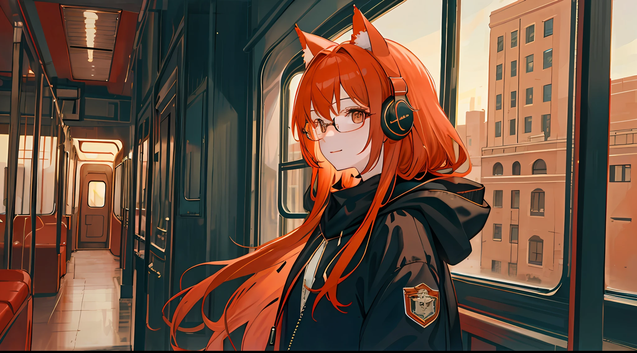 (masterpiece, sidelighting, ultra-detailed, finely detailed beautiful eyes: 1.2), 1girl, bag, building, from side, headphones, hood, hood down, hooded jacket, hoodie, jacket, long hair, orange hair, profile, red hair, solo, train, train interior, upper body, cat ears, looks at viewer, light smile, wearing round glasses,Masterpiece, best quality