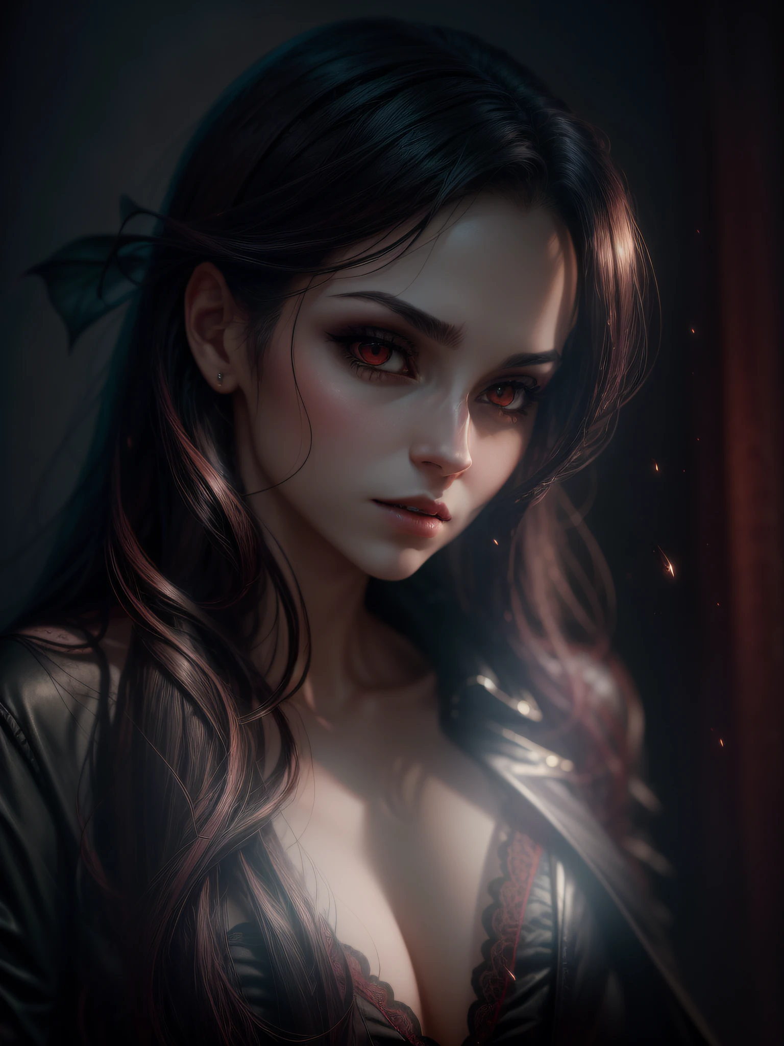 Description of the realistic photographic style to portray a seductive vampire. The image is captured in high resolution, with sharp detail and an almost palpable quality. The lighting is carefully adjusted to highlight the contours of the vampire's face and body, highlighting her sensuality and menace. The result is a photograph that seems to capture the exact moment when the vampire emerges from the shadows of dark vision. --auto --s2