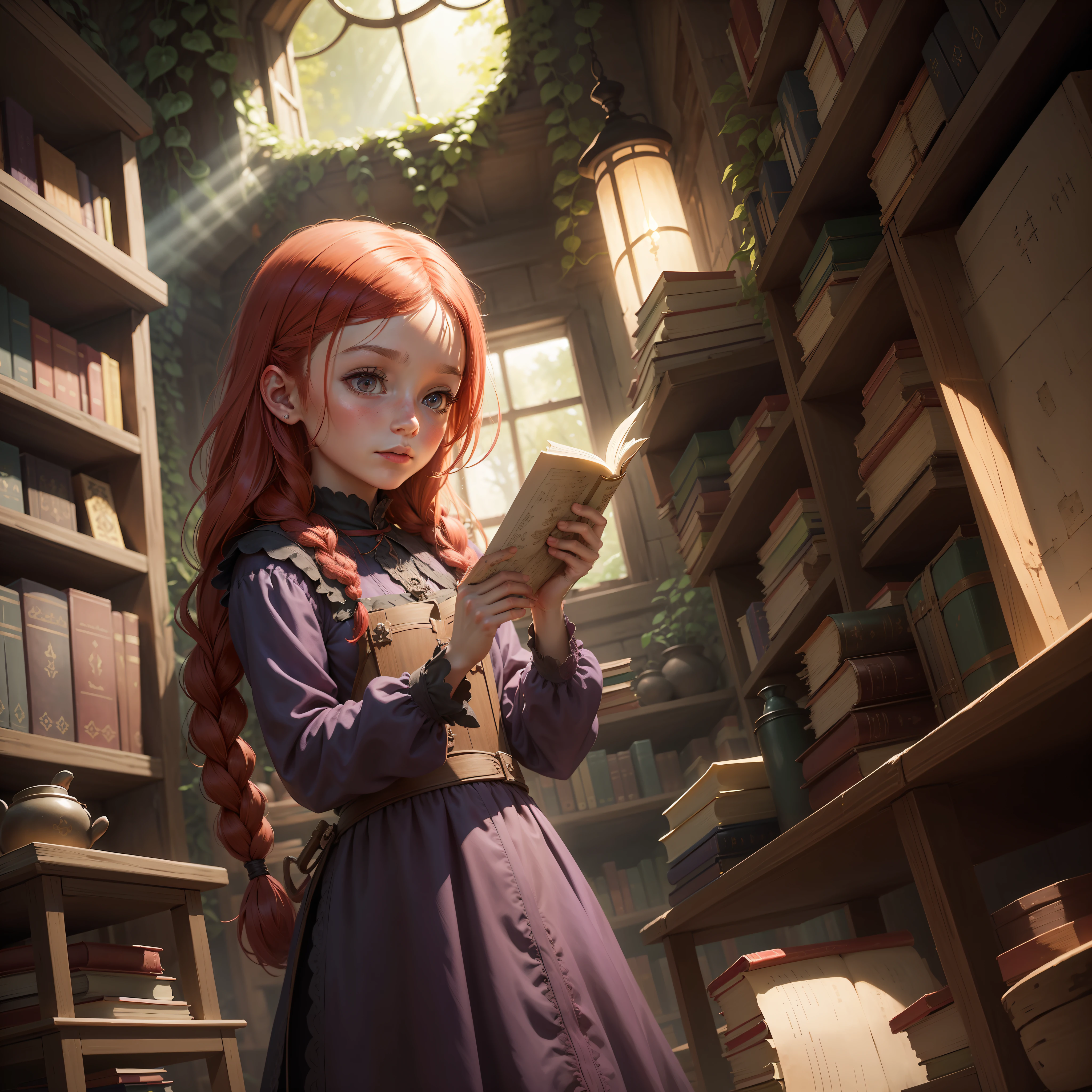 Female character, a beautiful little witch in the animation style, in a library deteriorated by vegetation. Her red hair is tied in loose braids, and she wears a purple dress with embroidered details. The little witch is surrounded by dusty books and shelves covered in vines. There are rays of light penetrating through the broken windows, highlighting the mysterious atmosphere of the place. The little witch holds an ancient scroll and is concentrating on a potion she is preparing, with ingredients scattered around a nearby table. The image will be an illustration in the animation style, with soft lines and vibrant colors,