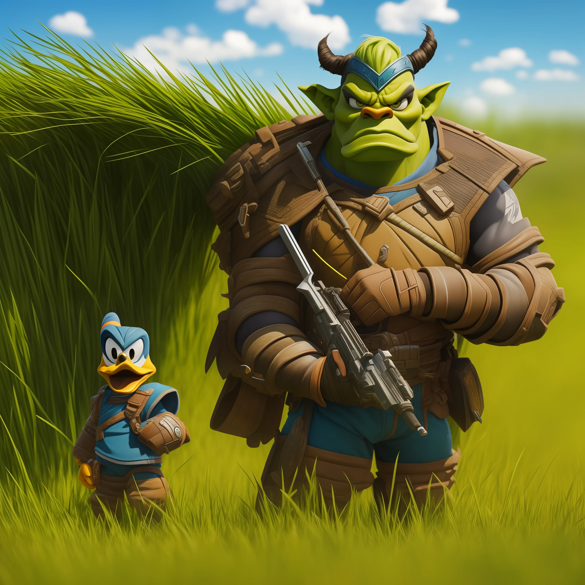 Hyper-realistic beauty,  extreme closeup cartoon sketch drawing of donald duck background is a grassy field::0 an orc in the style of world of warcraft standing in a grassy field octane render :: Cartoon, illustration, drawing, sketch, art, painterly, oil painting, stylized, hand drawn, sd anime::-.25 --v 5.2 --ar 16:9`