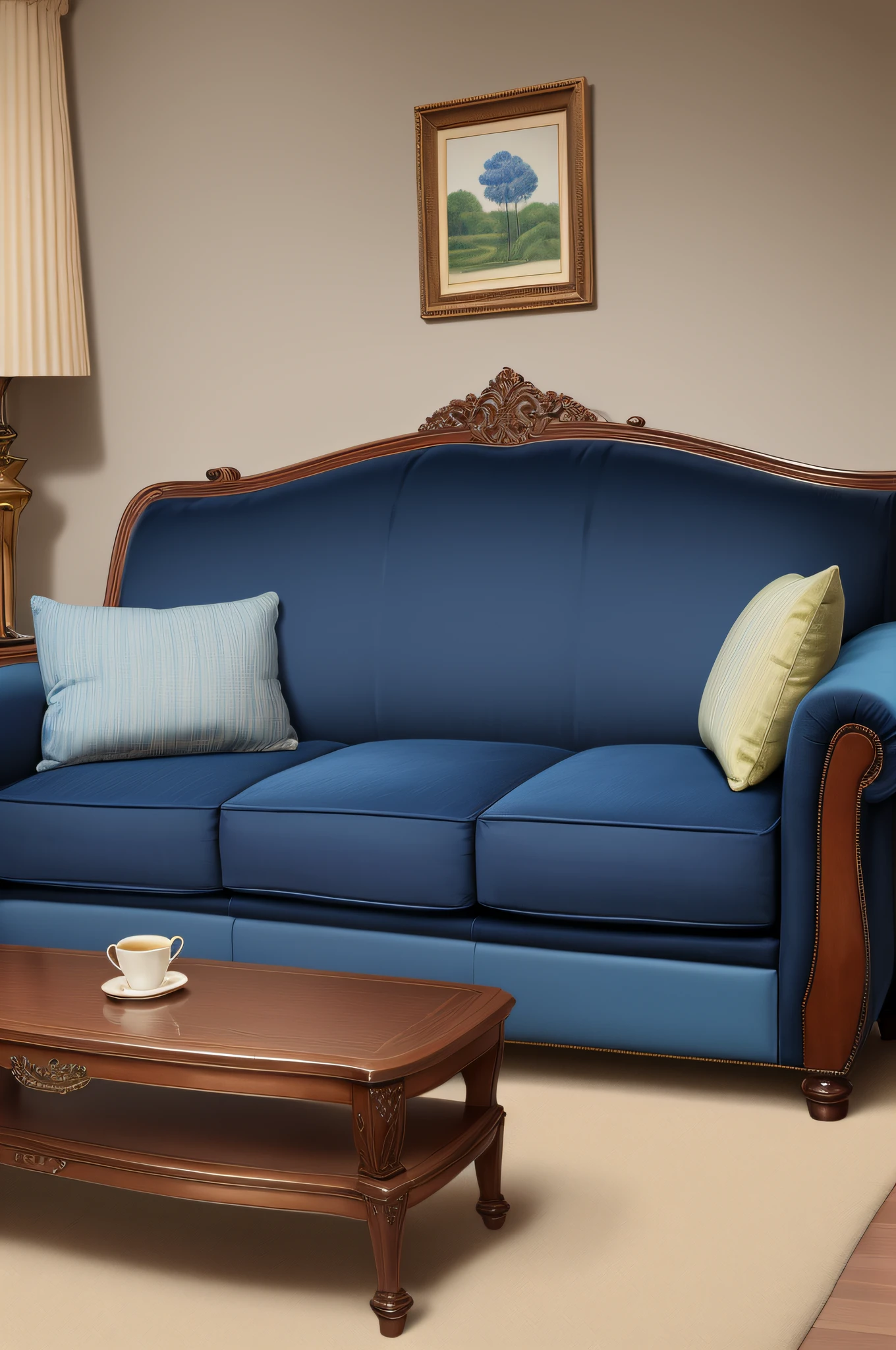 best quality, masterpiece, classic furniture in a blue-1.2 and indigo-1.1 color scheme, a comfortable and cozy velvet sofa with ultra-detailed details in high resolution."