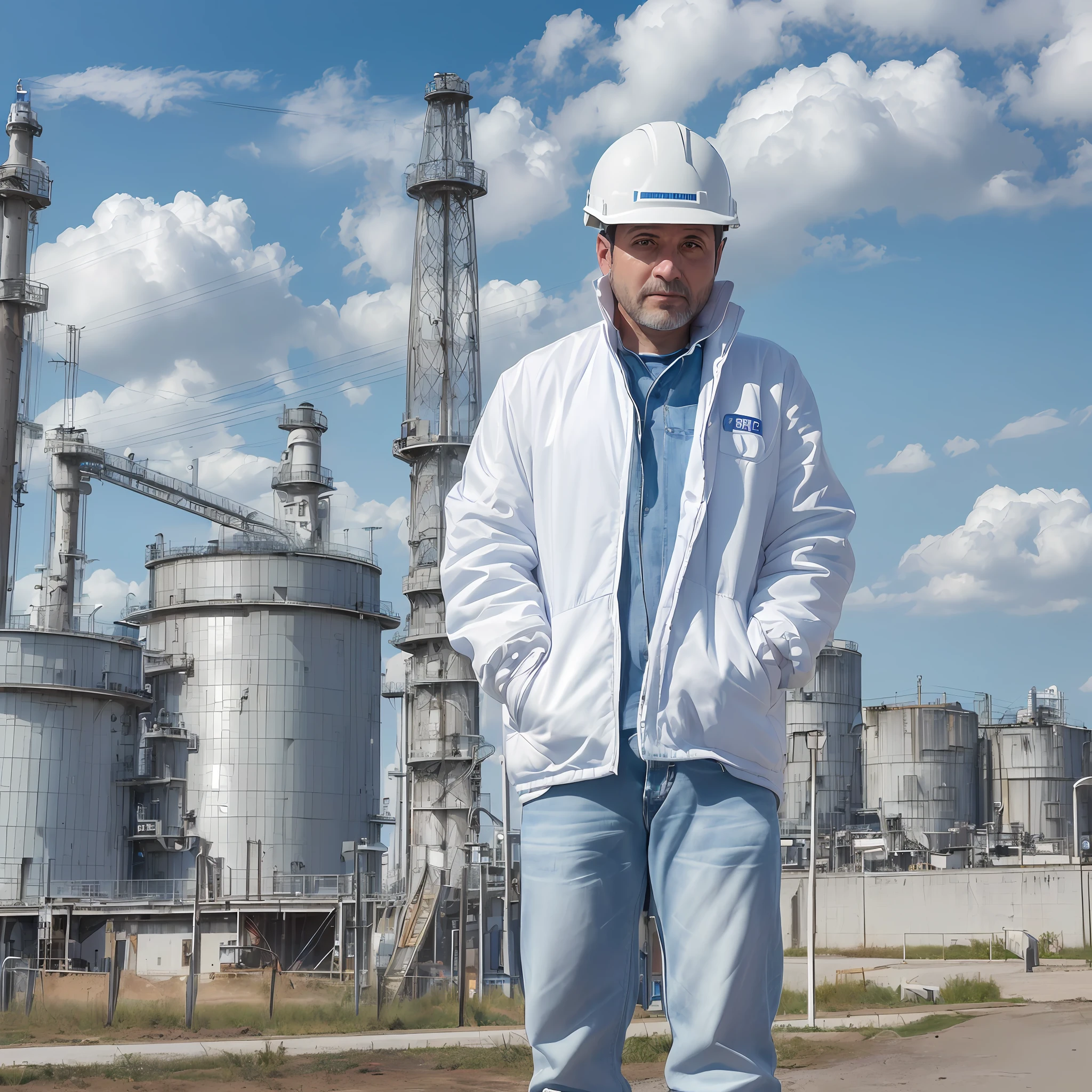 Make a Chemical Industry in the background, and in front, looking at the camera:((the 39-year-old-man), (olhos naturais simétricos),(without a mask), (safety shoes),(helmet white),(gloves),(white jacket), (light blue shirt),(jeans),(blue sky and white clouds)). --auto --s2