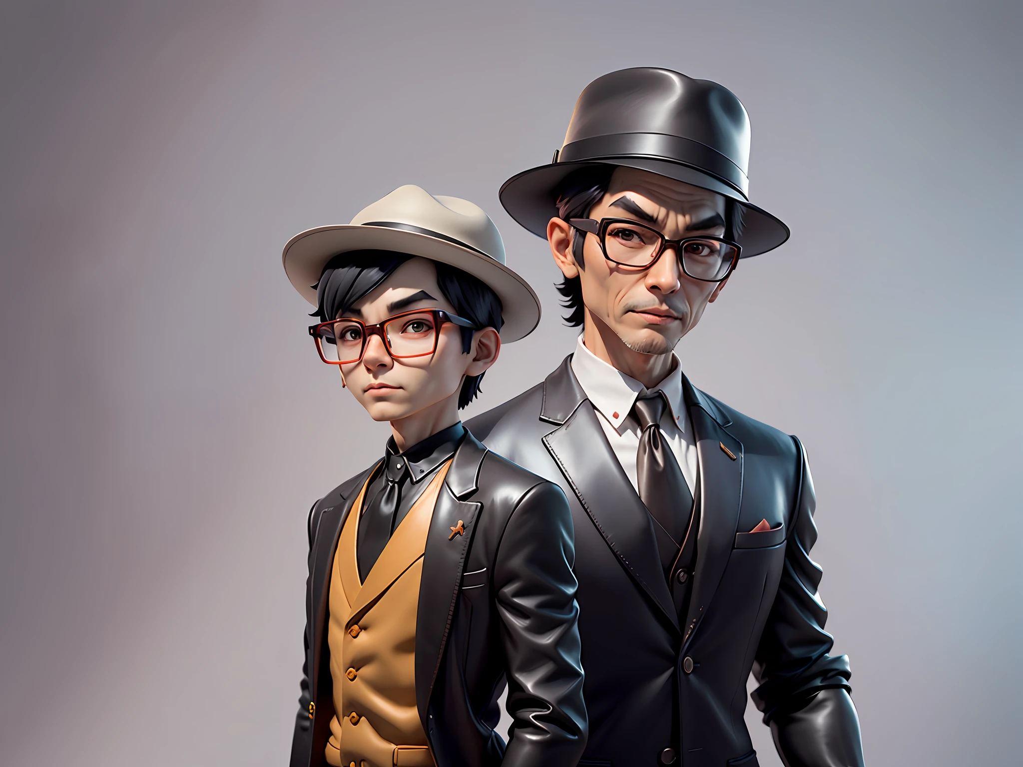Young man with oriental face in leather hat, tiger, oriental face in formal suit, short black hair, silver glasses, digital painting, 3D character design by Mark Clairedon and Pixar and Hayao Miyazaki and Akira Toriyama, the illustration is a high-definition illustration in 4K resolution with very detailed facial features and cartoon-style visuals.