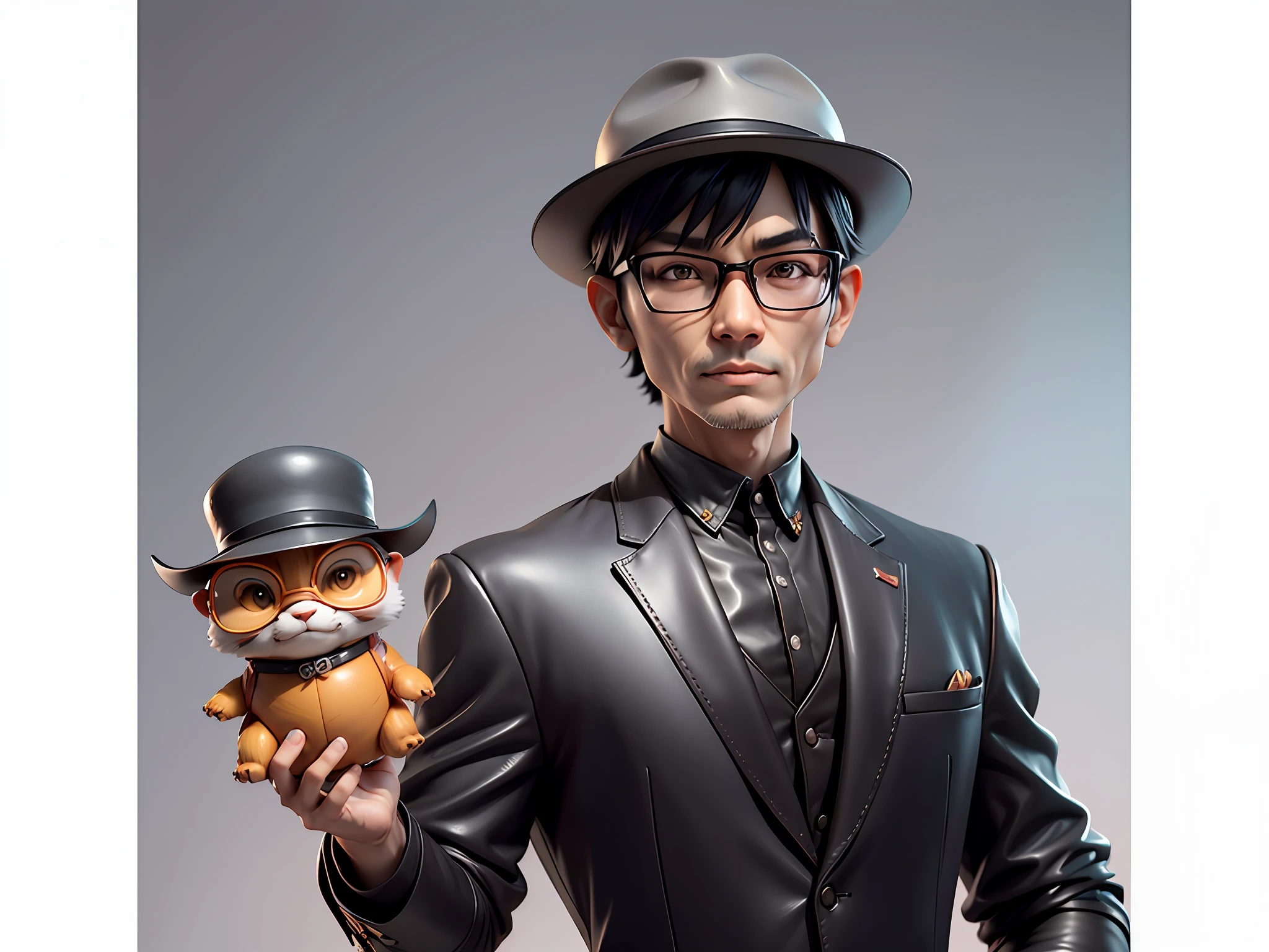 Young man with oriental face in leather hat, tiger, oriental face in formal suit, short black hair, silver glasses, digital painting, 3D character design by Mark Clairedon and Pixar and Hayao Miyazaki and Akira Toriyama, the illustration is a high-definition illustration in 4K resolution with very detailed facial features and cartoon-style visuals.