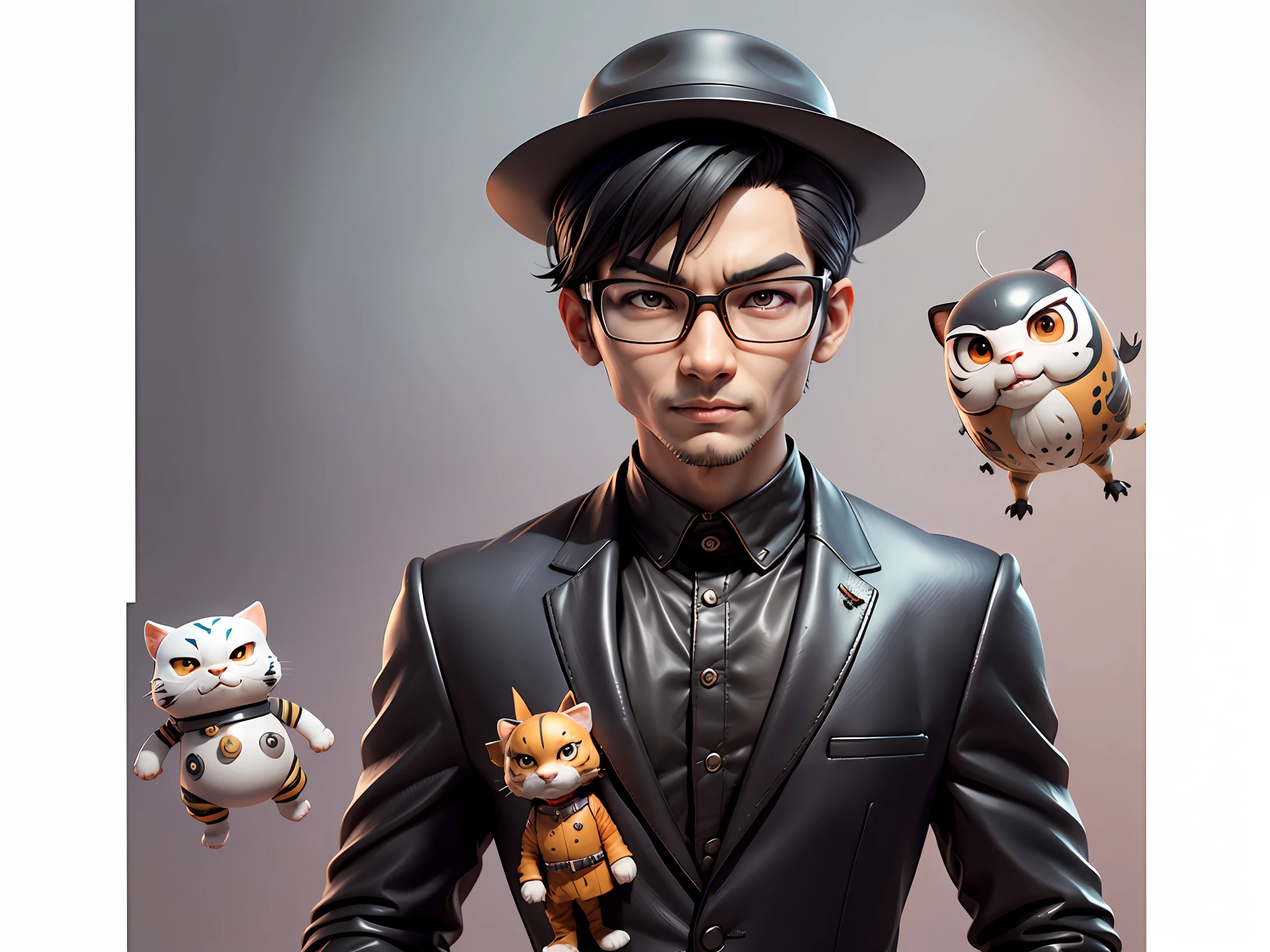 Young man with oriental face in leather hat, tiger, oriental face in formal suit, short black hair, silver glasses, digital painting, 3D character design by Mark Clairedon and Pixar and Hayao Miyazaki and Akira Toriyama, the illustration is a high-definition illustration in 4K resolution with very detailed facial features and cartoon-style visuals.