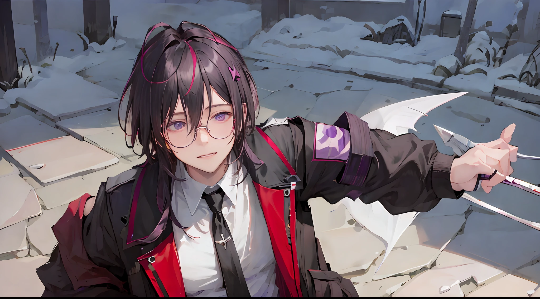 , vampire male, high quality,cyberpunk style, male,wearing round glasses, sci-fi, anime vampire boy, ((white purple Black mixed hair)), half red half purple eyes, wearing round glasses, silver cross necklace, black rings, fangs, smile, wearing a big cybercoatwith different lighting in it , long big cybernetic scythe, outside, cyberpunk city, red black purple lighting