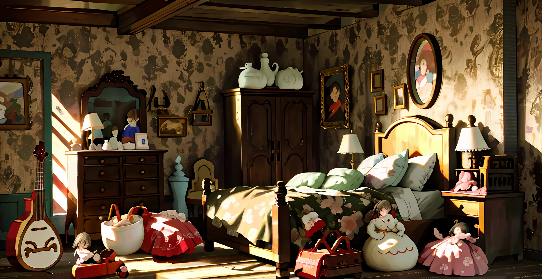 children's room in attic, with floral print, colonial style, various antique toys, doll's house, antique room, day, playroom, children's, vintage, rococo style, flowers, friendly, high resolution, detail-oriented,