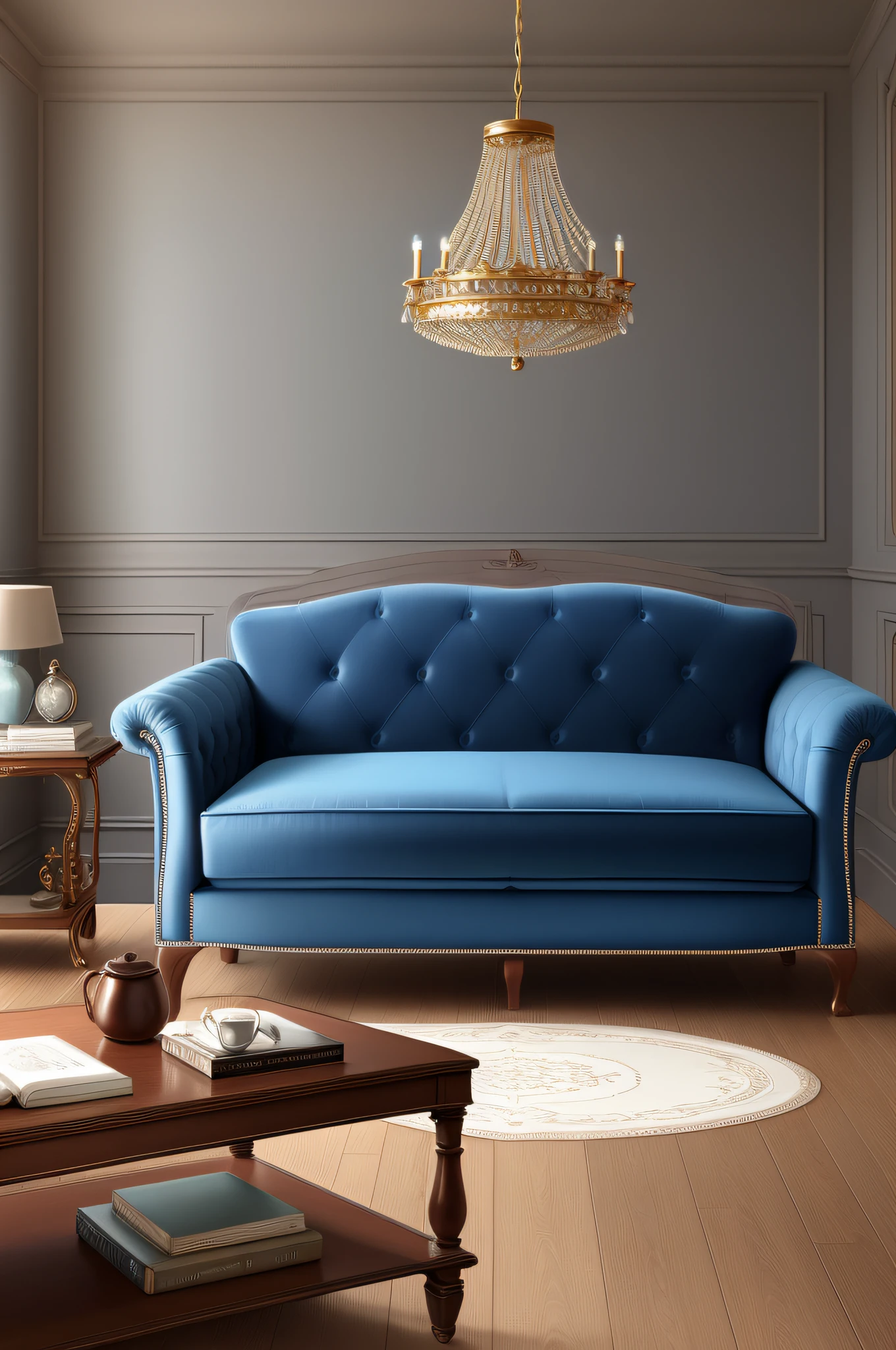 "Classic furniture in blue-1.2 and indigo-1.1, the best finish in high quality, ultra-detailed details in high definition for a comfortable and cozy velvet sofa - a masterpiece."