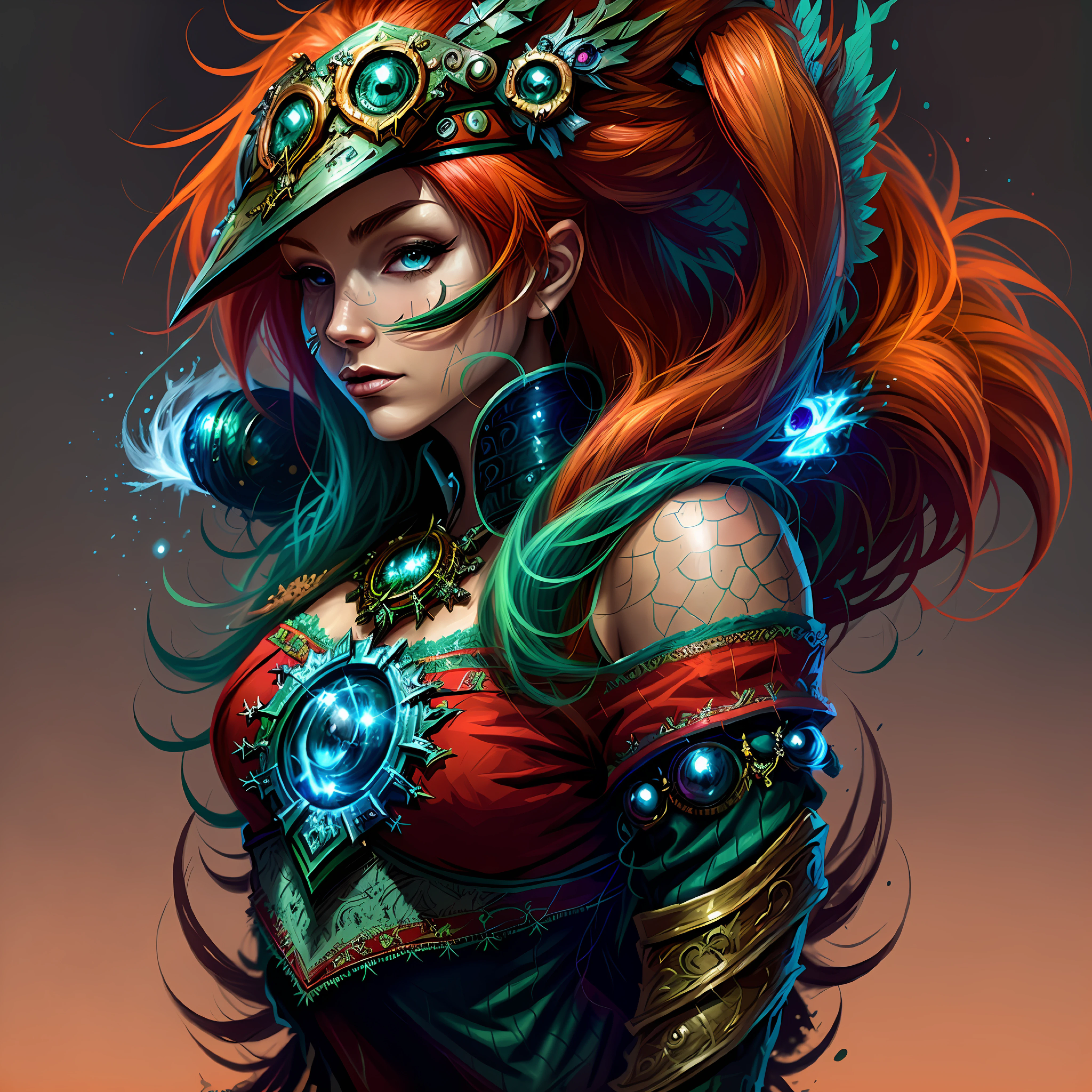 a close up of a woman with a red hair and a green and red outfit, fantasy character art, stunning character art, epic exquisite character art, vivid steampunk concept, epic fantasy character art, colorful sci-fi steampunk, detailed digital 2d fantasy art, artgerm julie bell beeple, fantasy style art, epic fantasy style art, detailed fantasy digital art