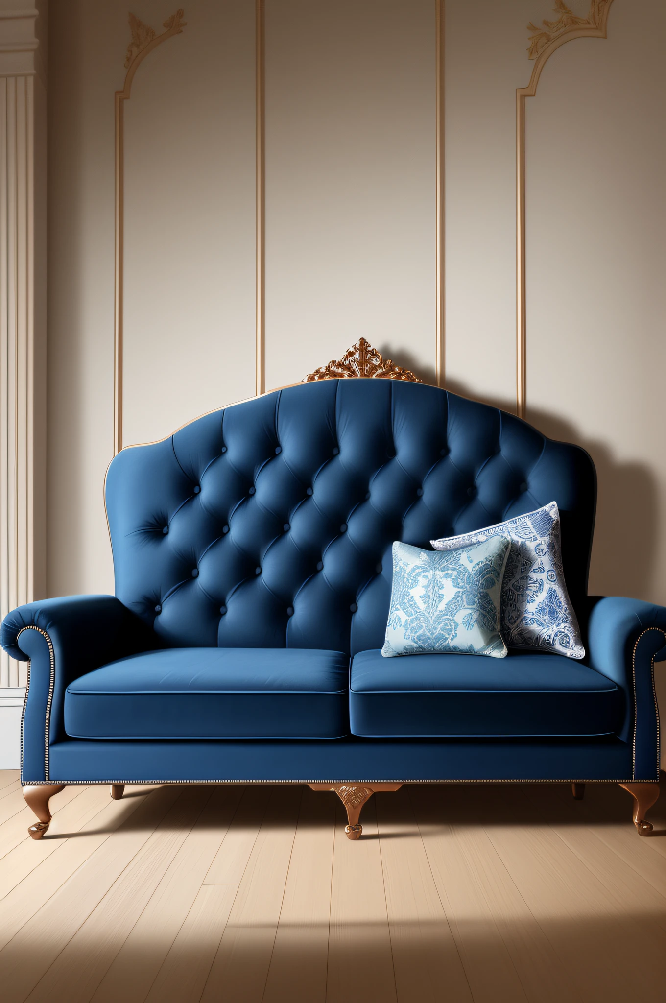 "Classic furniture in blue-1.2 and indigo-1.1, the best finish in high quality, ultra-detailed details in high definition for a comfortable and cozy velvet sofa - a masterpiece."