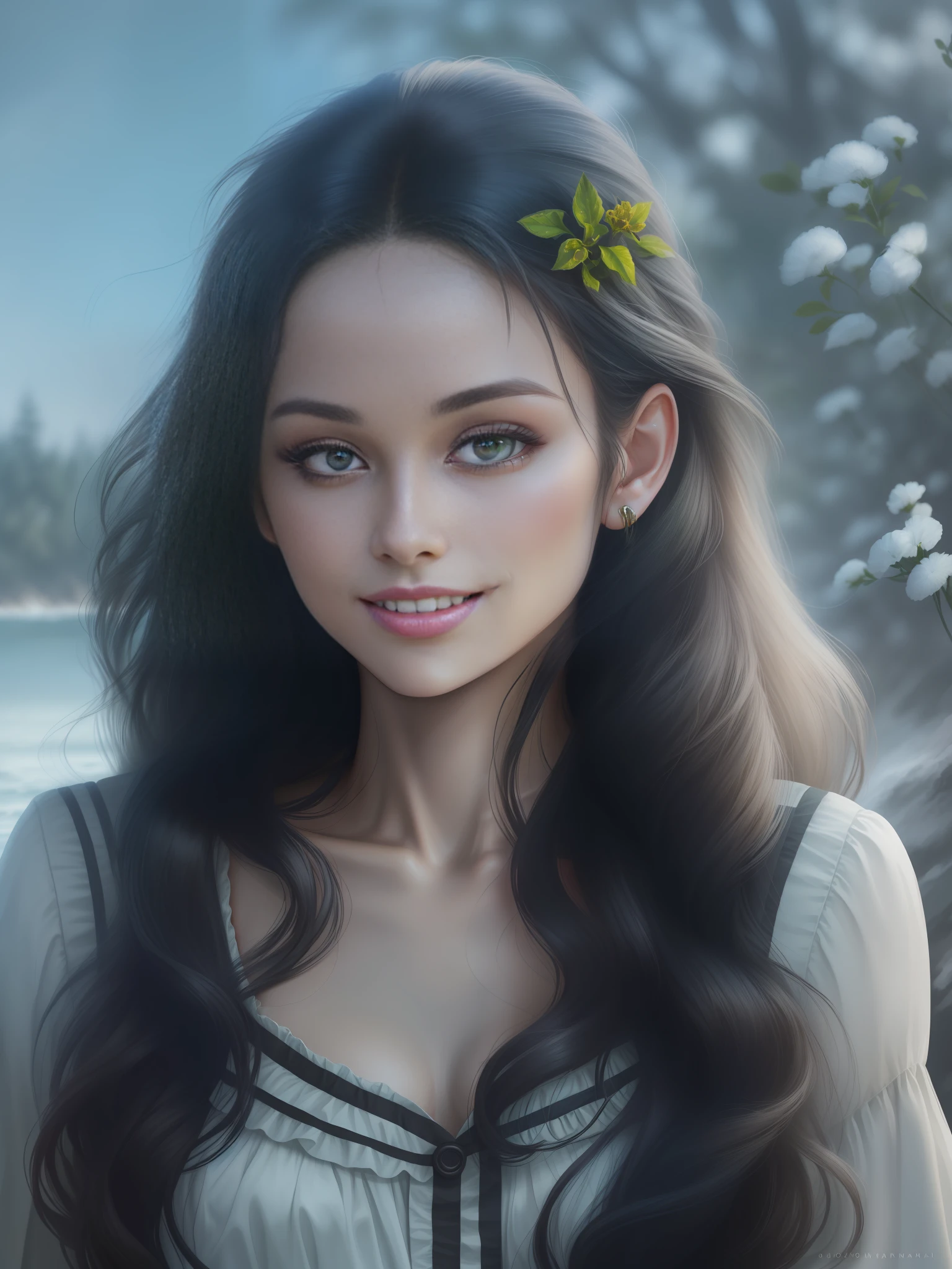 young, woman with 20 years, beautiful young, wonderful, beautiful, beautiful woman, natural, natural lips, no makeup, green eyes, detailed face, long hair, black hair, beautiful smile, beautiful, beautiful, photorealism, photorealistic, realistic, detailed face, detailed skin, detailed eyes, ultra hd, 4k quality, divine, natural smile, natural smile, beauty lips, realistic textures, detailed