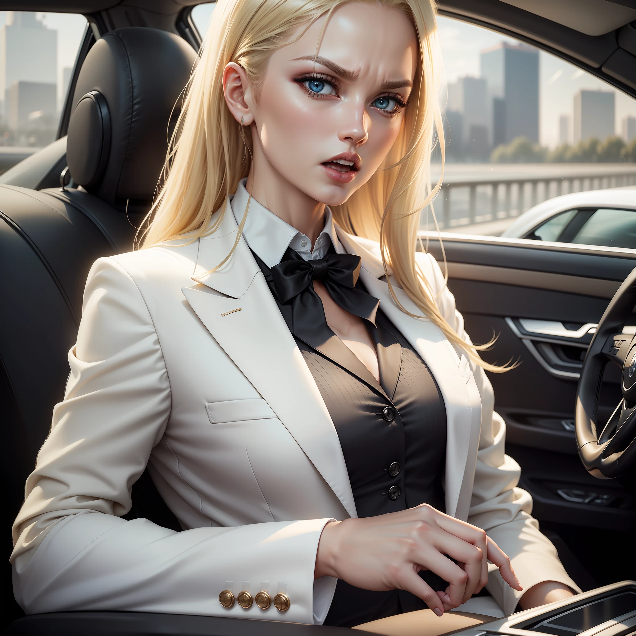 Ultra realistic image of a beautiful blonde woman, light eyes, dressed in a formal ensemble with a white blazer with black details, inside a car driving, angry expression, mouth closed