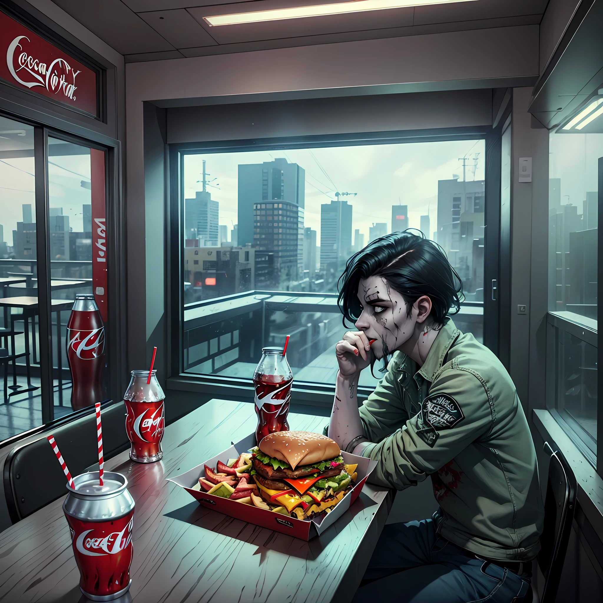 Create a zombie by eating an X burger and sipping a Coke, sitting at a Mac Donald table at noon, happy environment, depth, shadows, spotlights, details, shadows, textures, ultra realistic image, cinematic image,