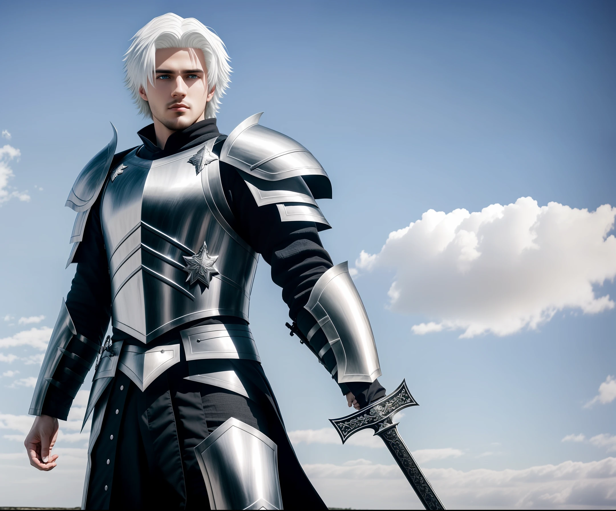 Man 23 years old white hair 4k ultra realistic, black armor, sword, masterpiece
