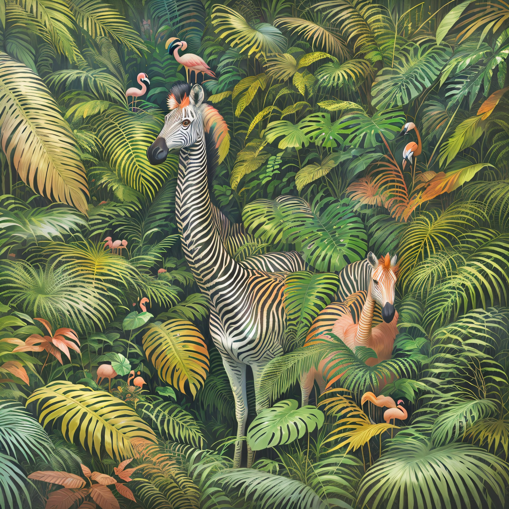 flamingo zebra standing in a jungle of palm leaves and plants, among foliage, in a highly detailed jungle, by Elizabeth Jane Lloyd, plus the zebra, in a rainforest, in a jungle, in the jungle, wildlife illustration, highly detailed, curious painting, by Tina Blondell, by Elizabeth Charleston, zebra, hyper realistic, surrealist, highly detailed, mysterious painting in the jungle, hildebrandt, masterpiece