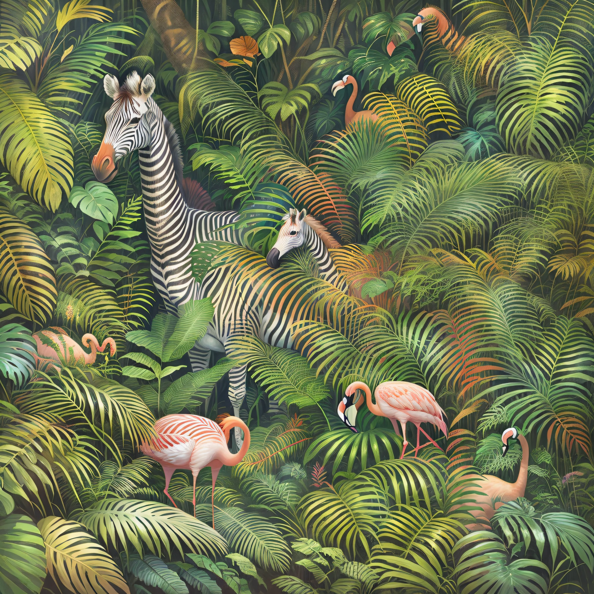 flamingo zebra standing in a jungle of palm leaves and plants, among foliage, in a highly detailed jungle, by Elizabeth Jane Lloyd, plus the zebra, in a rainforest, in a jungle, in the jungle, wildlife illustration, highly detailed, curious painting, by Tina Blondell, by Elizabeth Charleston, zebra, hyper realistic, surrealist, highly detailed, mysterious painting in the jungle, hildebrandt, masterpiece