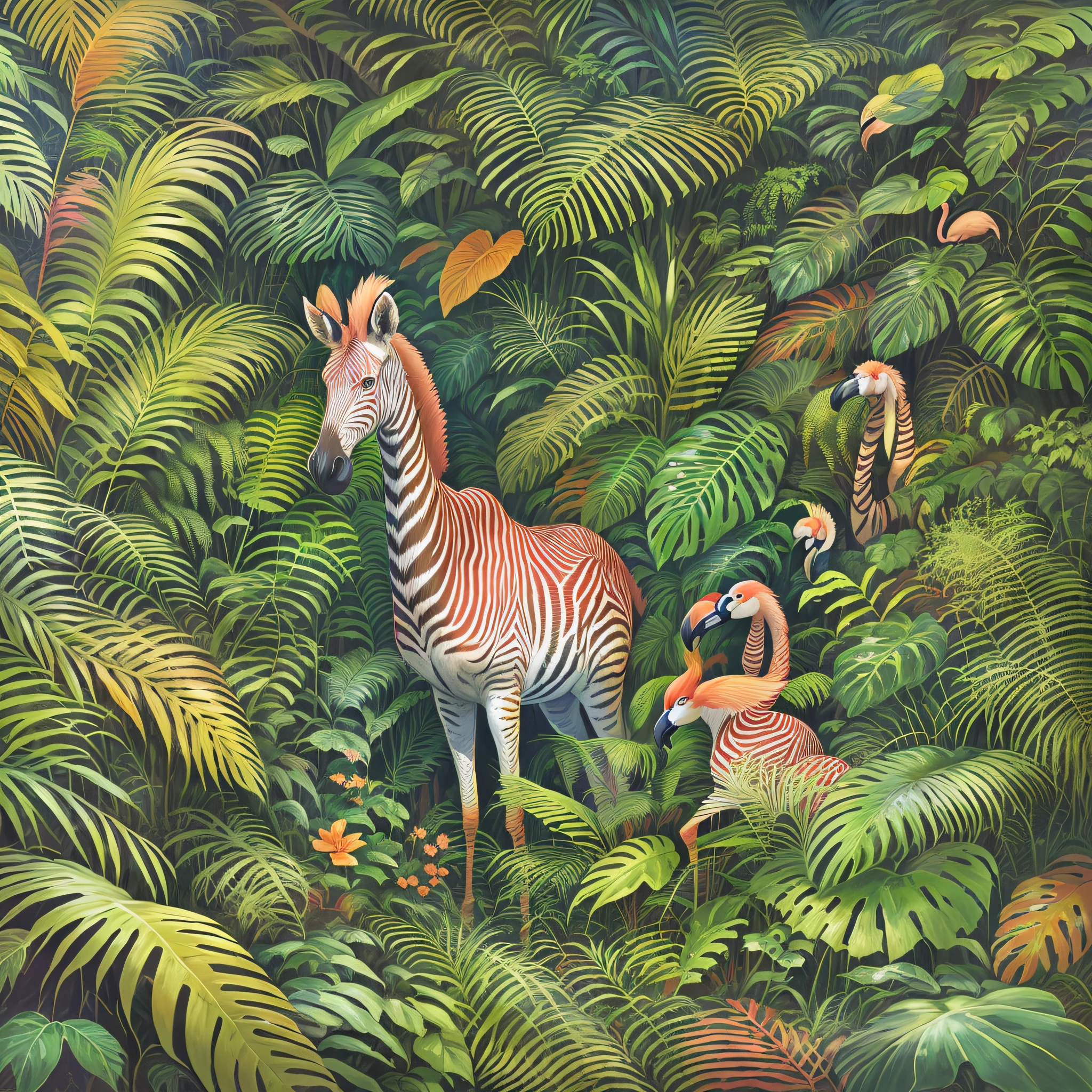 flamingo zebra standing in a jungle of palm leaves and plants, among foliage, in a highly detailed jungle, by Elizabeth Jane Lloyd, plus the zebra, in a rainforest, in a jungle, in the jungle, wildlife illustration, highly detailed, curious painting, by Tina Blondell, by Elizabeth Charleston, zebra, hyper realistic, surrealist, highly detailed, mysterious painting in the jungle, hildebrandt, masterpiece