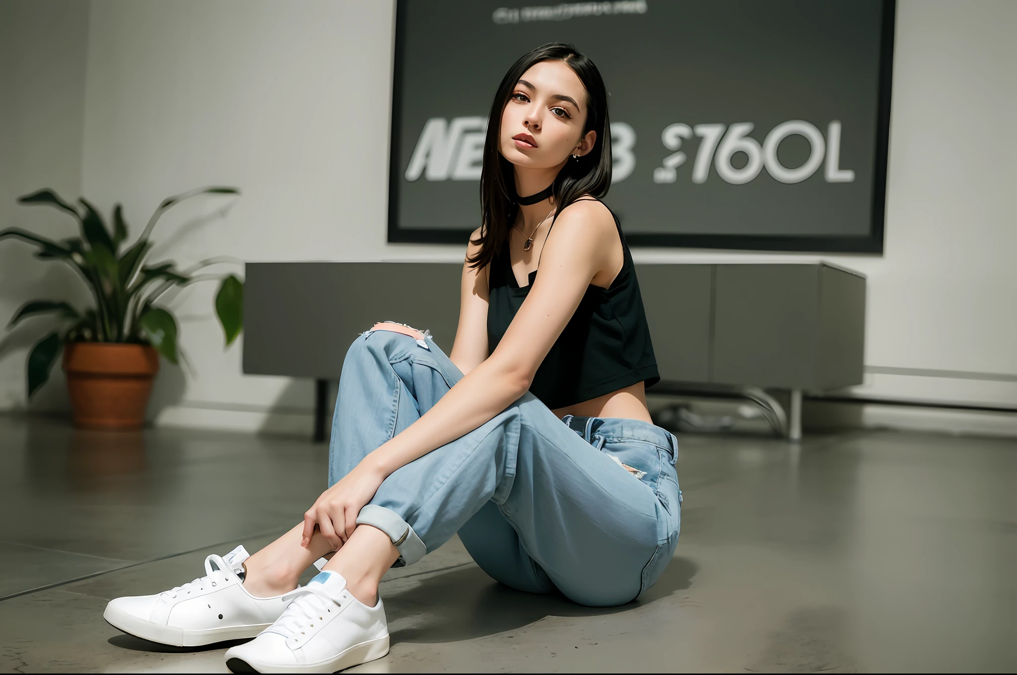 arafed woman sitting on the floor with her legs crossed, baggy jeans, wearing a cropped tops, wearing a cropped top, wearing a sexy cropped top, style of julia razumova, casual pose, anna nikonova aka newmilky, casual modern clothing, photo of slim girl model, wearing crop top, modeling shoot, modern casual clothing
