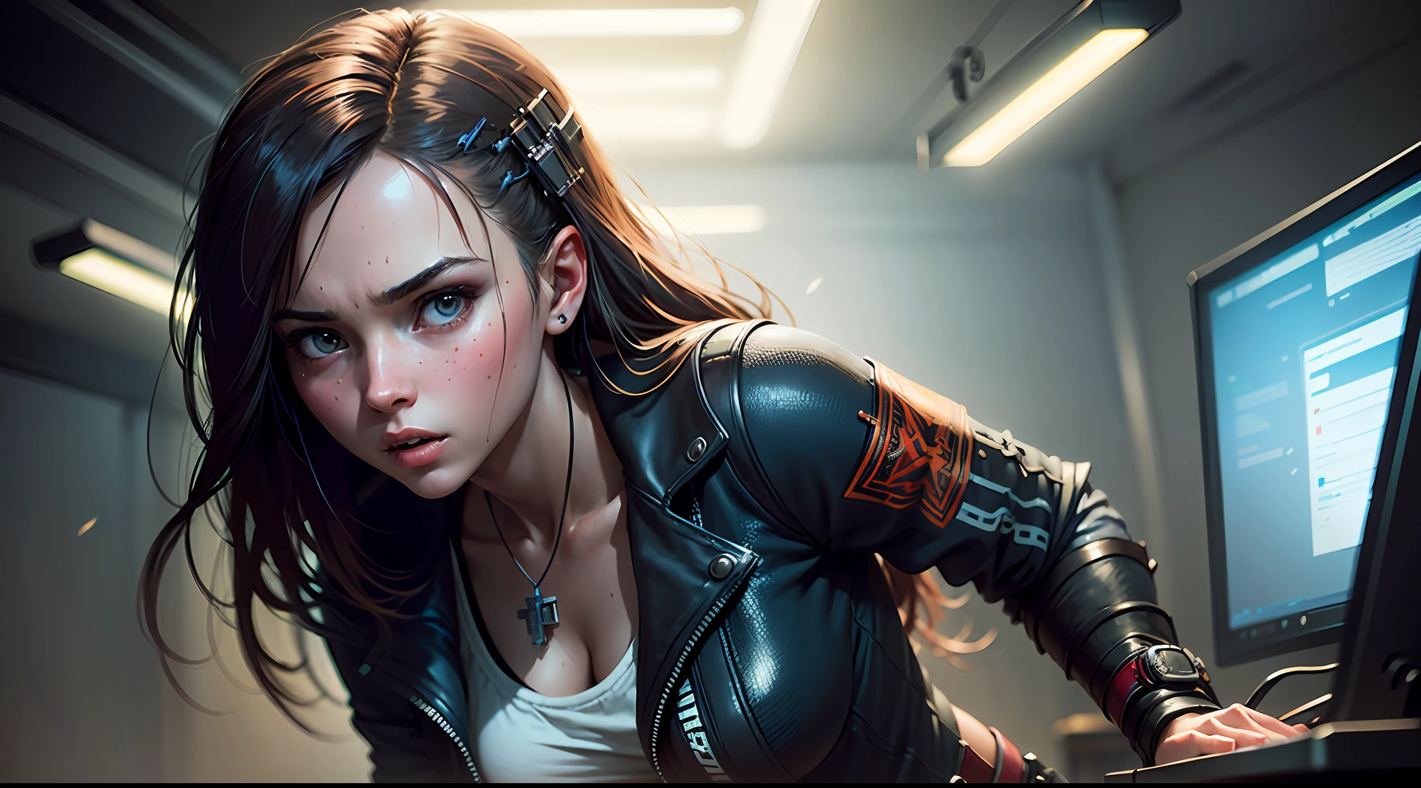 closeup of young woman gamer looking astonished, trends in the arts station, sharp focus, studio shot, intricate, highly detailed, by greg rutkowski